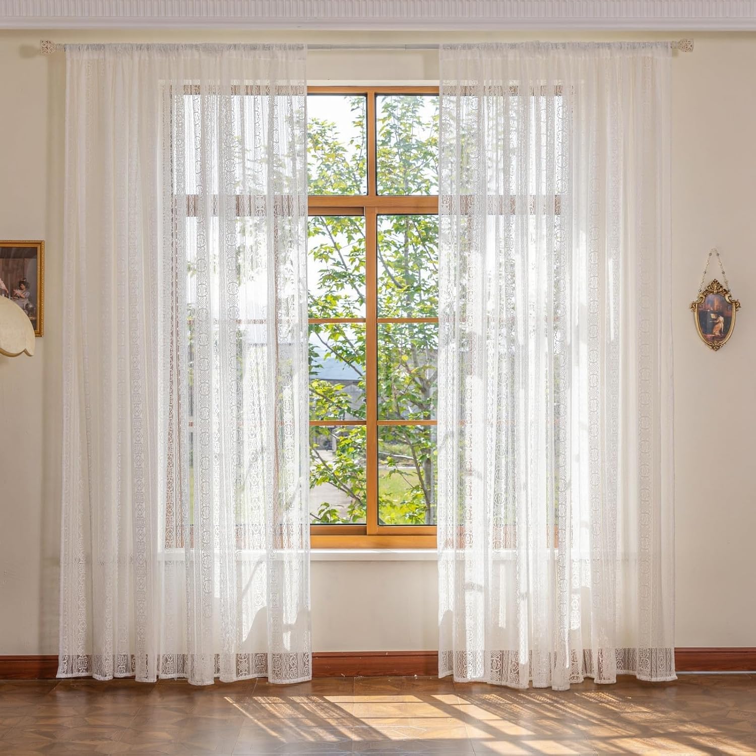 Gazal Vole Boho Crochet Curtains for Living Room and Doors – Shabby Chic Lace Window Drapes, Vintage Geometric Macrame Net Curtains, Sheer Liner for Bedroom, Rustic Style (White, 2 Panels)-52x84 inch