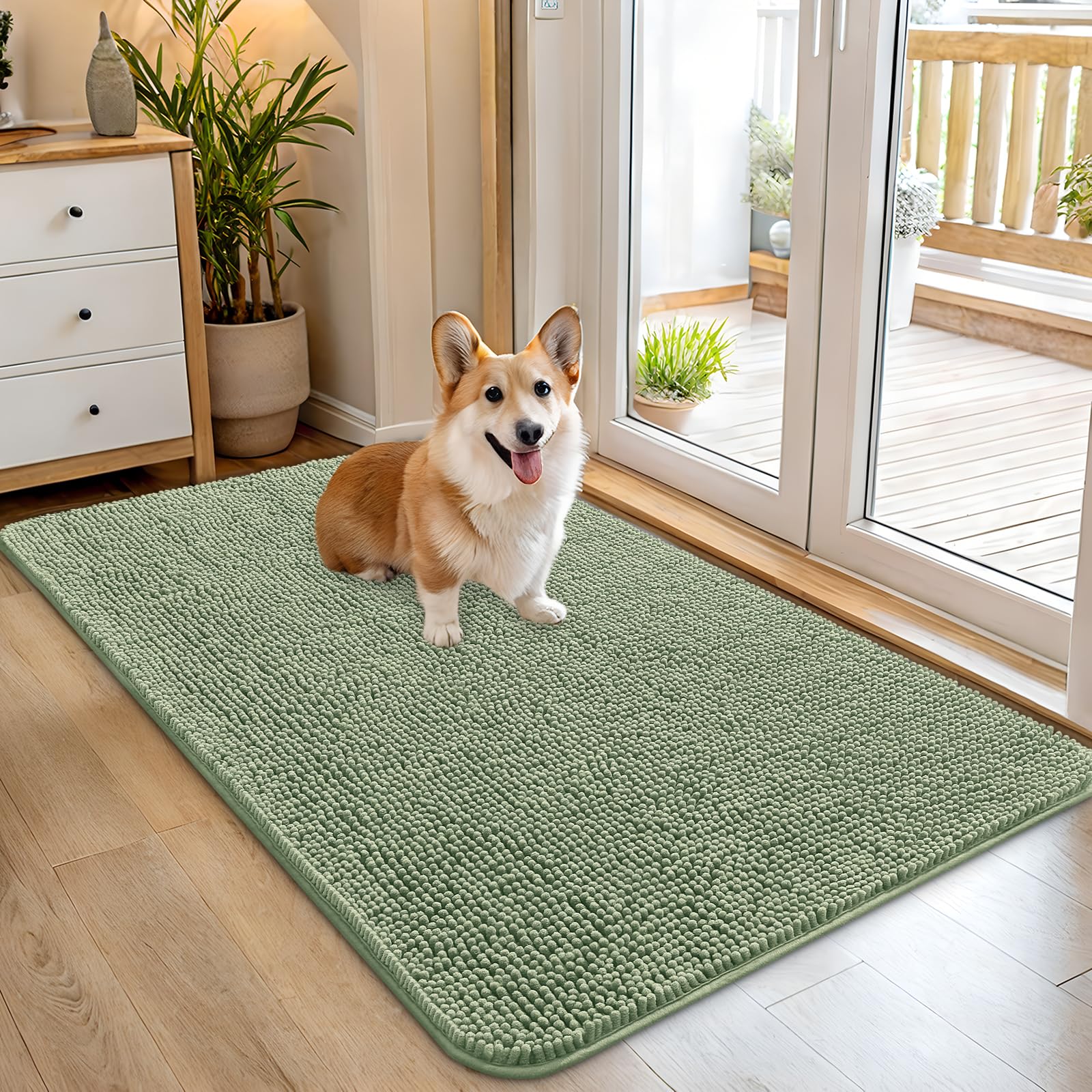 OLANLY Dog Door Mat for Muddy Paws 45x27, Absorbs Moisture and Dirt, Absorbent Non-Slip Washable Doormat, Quick Dry Chenille Mud Mat for Dogs, Entry Indoor Entryway Carpet for Inside Floor, Sage Green — image 1
