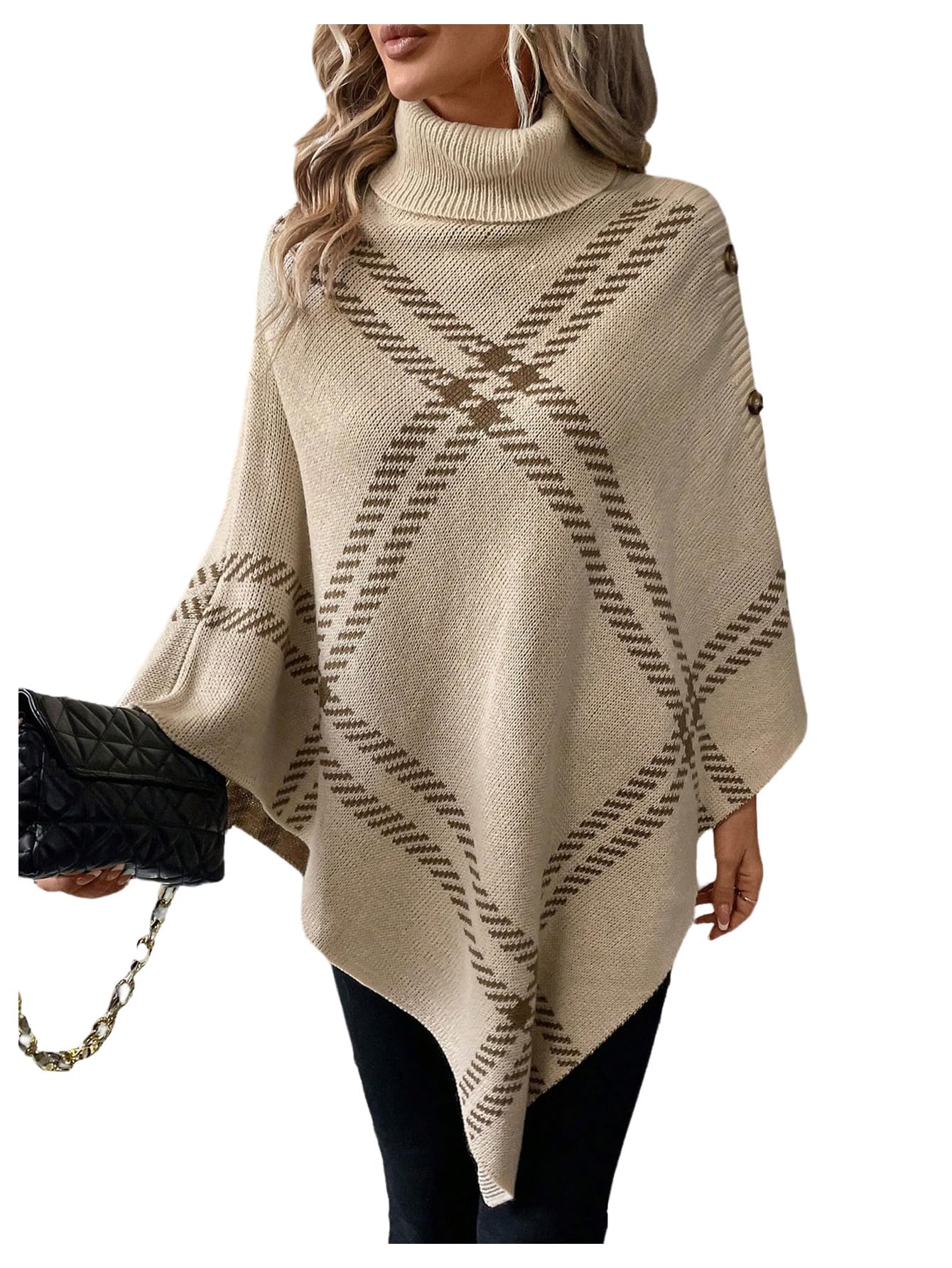 MakeMeChic Womens Plaid Cape Sweater High Neck Loose Fall Knitted Poncho Tops