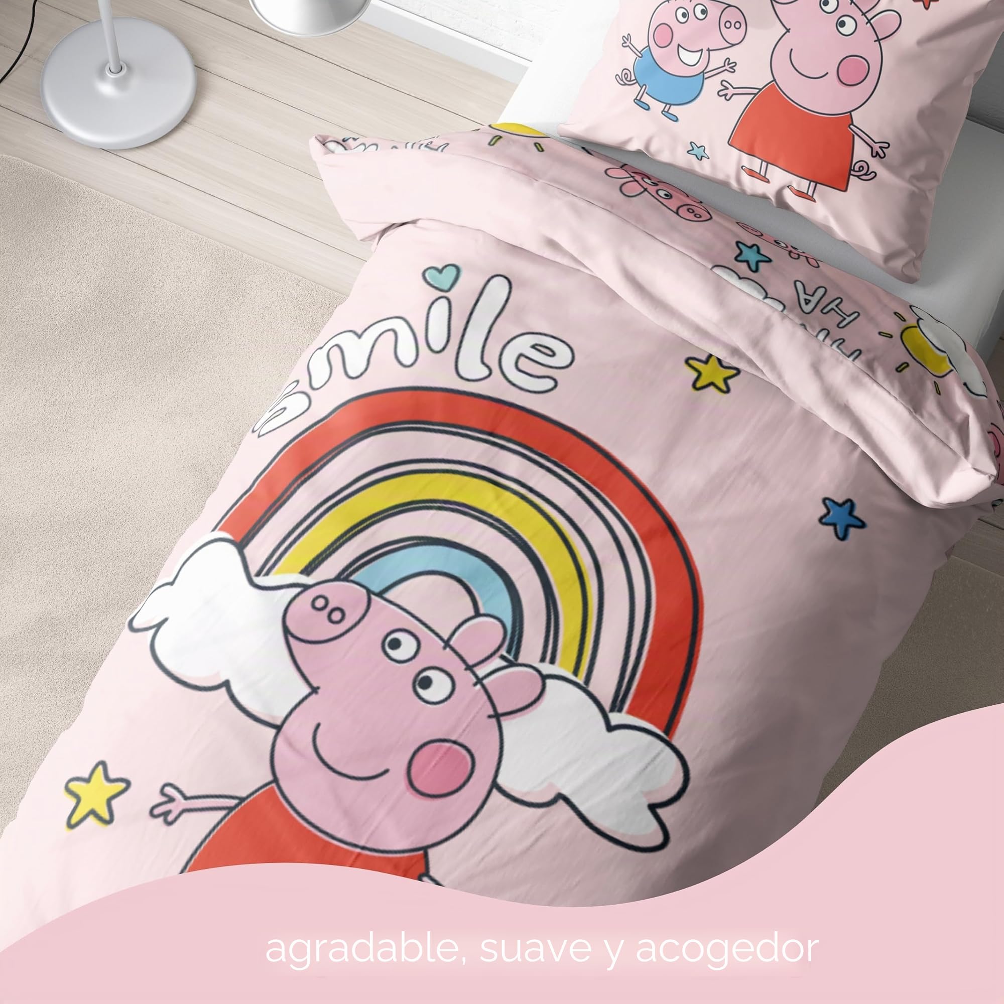 Juego de cama infantil Peppa Pig 135 x 200 cm para niñas y niños, 1 funda de almohada de 80 x 80 cm + funda nórdica de 135 x 200 cm, idea de regalo para niñas, Peppa Pig & George – Smile Rainbow