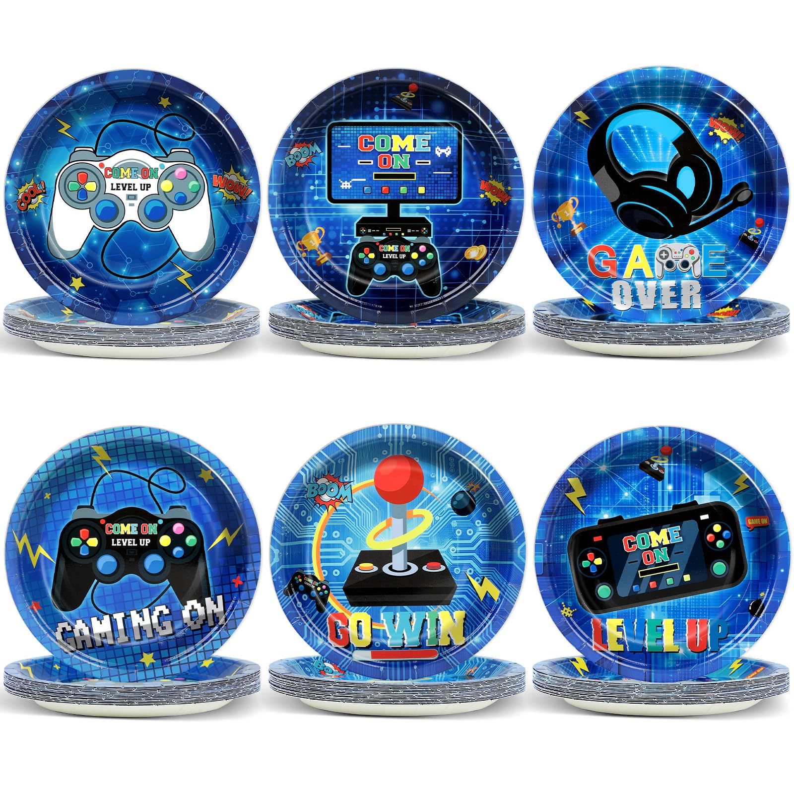Naozinebi 60Pcs Video Game Party Plates 7 Inch Birthday Decorations Disposable Dessert Plates for Kids Boys Blue Game On Theme Party Supplies