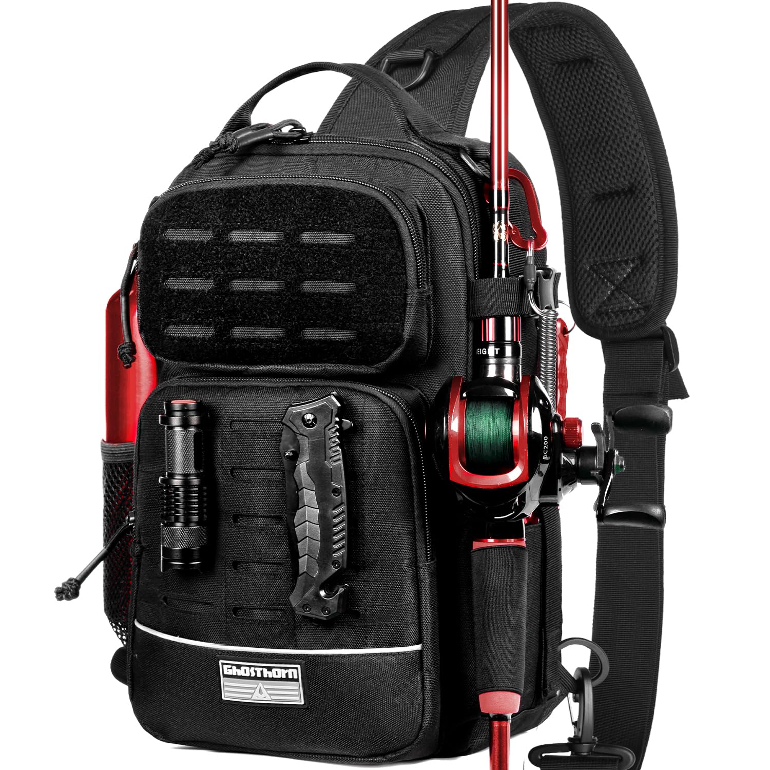 Ghosthorn Fishing Backpack Tackle Sling Bag -Lightweight Sling Tackle Storage Bag- Fishing Backpack with Rod Holder