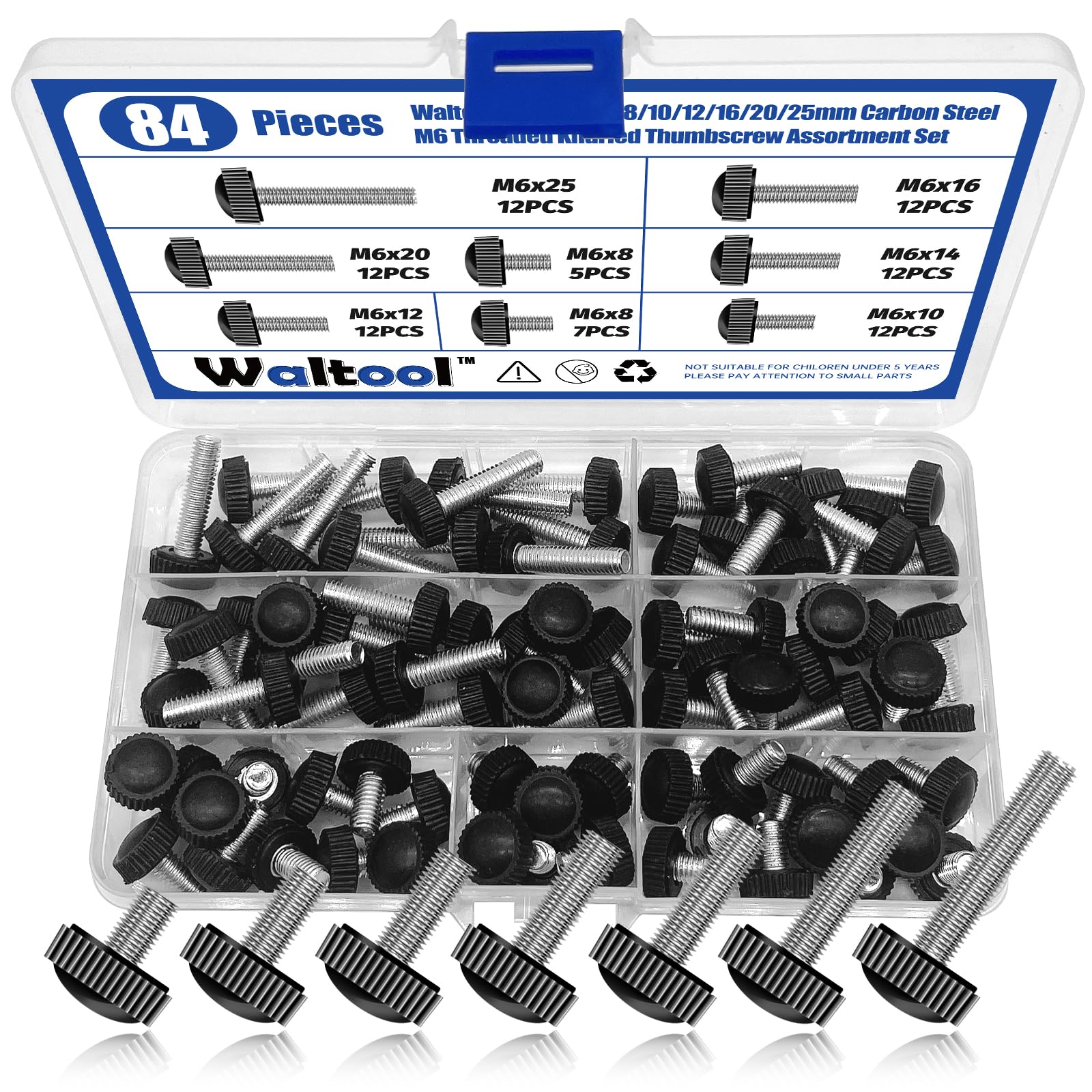 Waltool 84Pcs 8 Sizes Carbon Thumbscrew Assortment Set, M6 x 8/10/12/14/20/25mm Screw on Thread Knurled Round Clamping Knobs Handle Bolts Grip Thumb