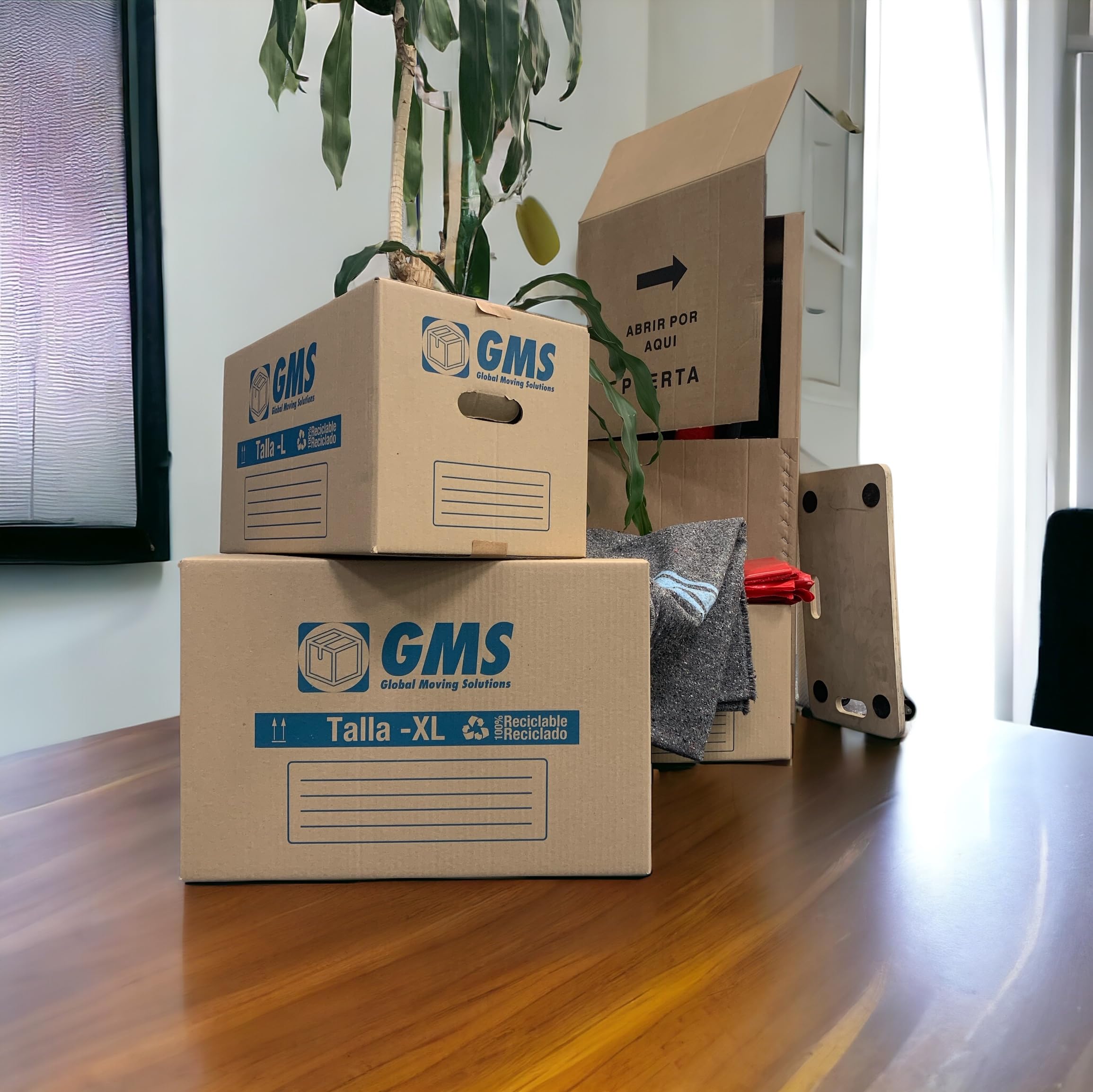 GMS - 20 Cajas Cartón Mudanza 50x30x30cm Talla L de 45L + Burbuja + Precinto Para Mudanzas y Almacenaje con Asas y Con Burbuja. Cartón Alta Resistencia (20Cajas 50x30x30cm + Burbuja+Precinto)