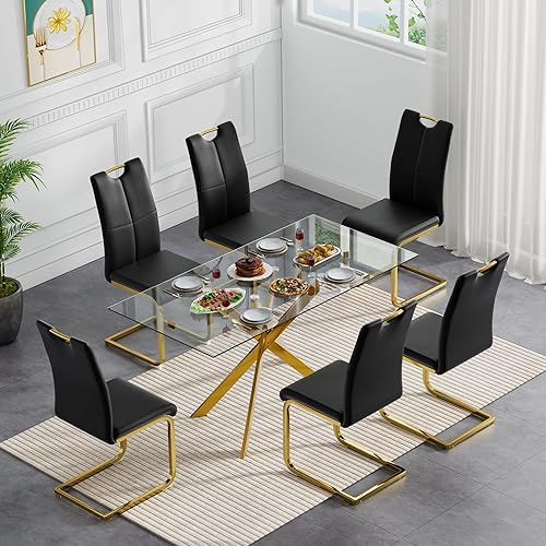 Juego de mesa de comedor de cristal moderno para 6, juego de 6 mesas y sillas de cocina de vidrio dorado, juego de mesa de comedor de 7 piezas con