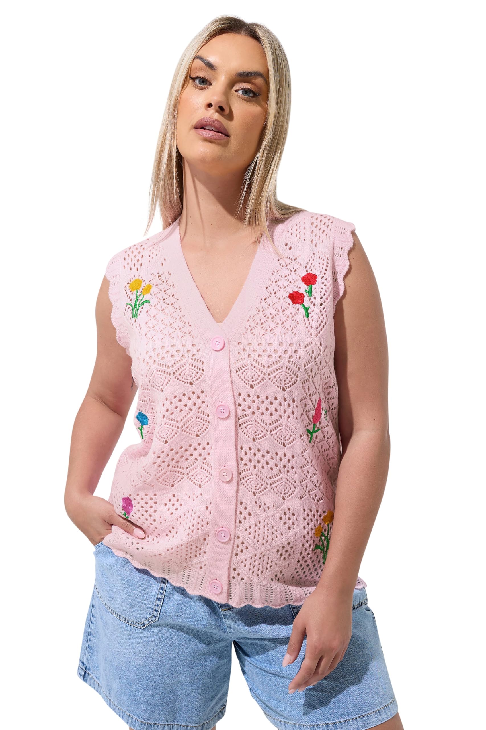 Yours Women's Baby Pink Limited Collection Curve Pink Floral Knitted Waistcoat - Plus Size Curve