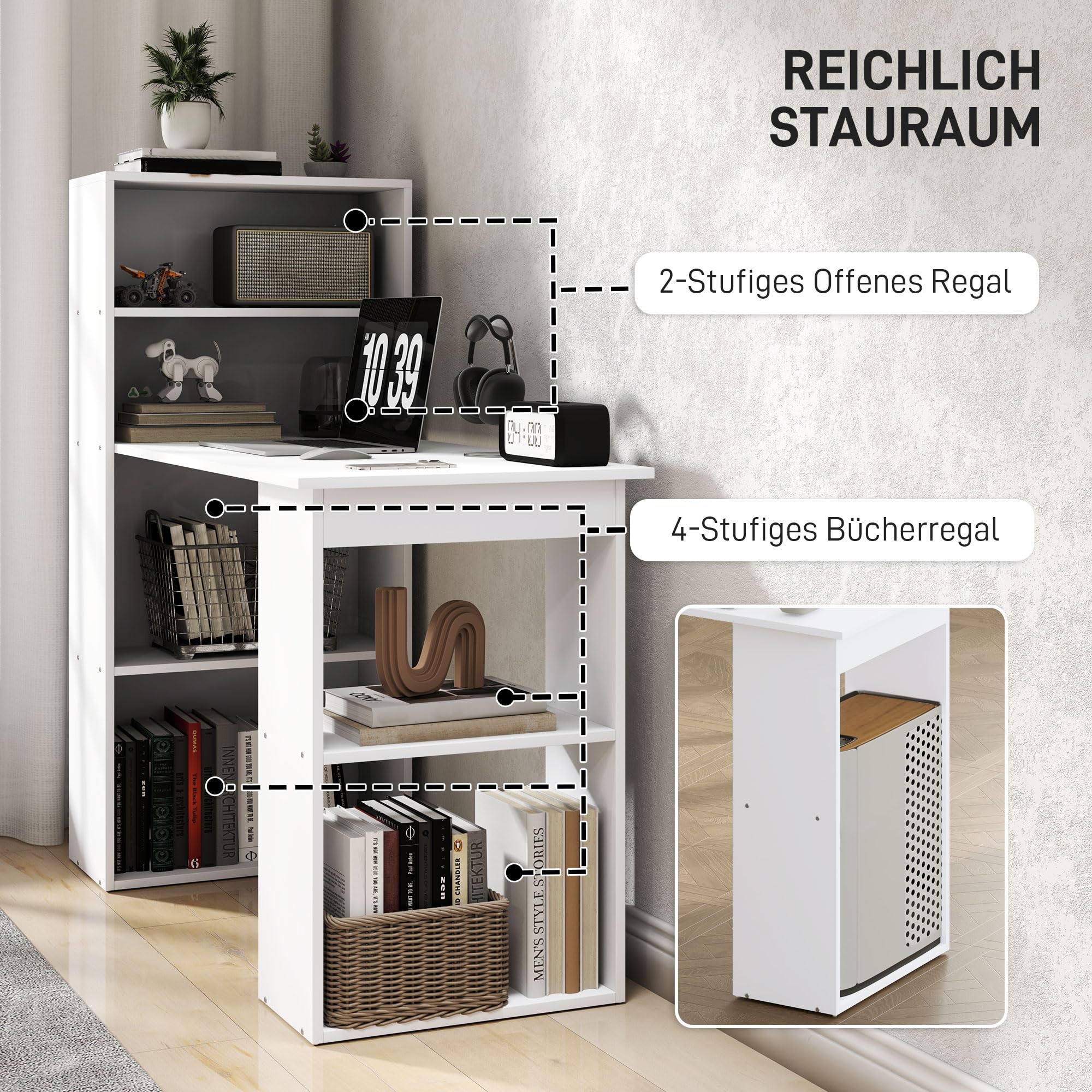 HOMCOM Schreibtisch mit Regal Computertisch 120 x 55 x 120 cm Weiß