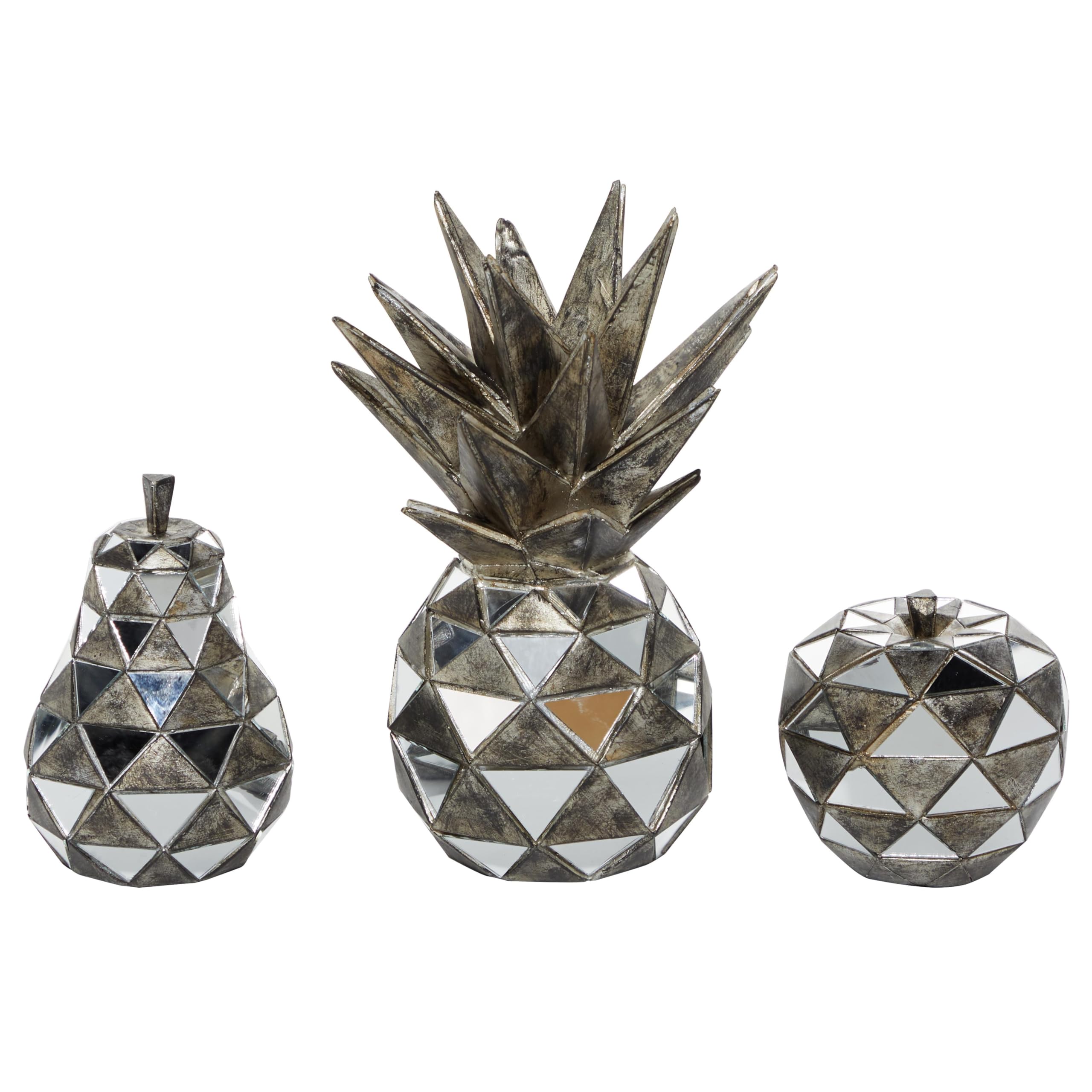 Deco 79 Polystone Fruit Decorative Sculpture with Mirror Accents, Set of 3 10", 6", 4"H, Silver