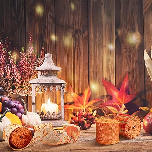 Miniatura 9 de Riceshoot 3 rollos de 30 yardas de cintas con alambre de otoño, cinta de calabaza de búfalo de Acción de Gracias, cinta de cosecha de otoño para