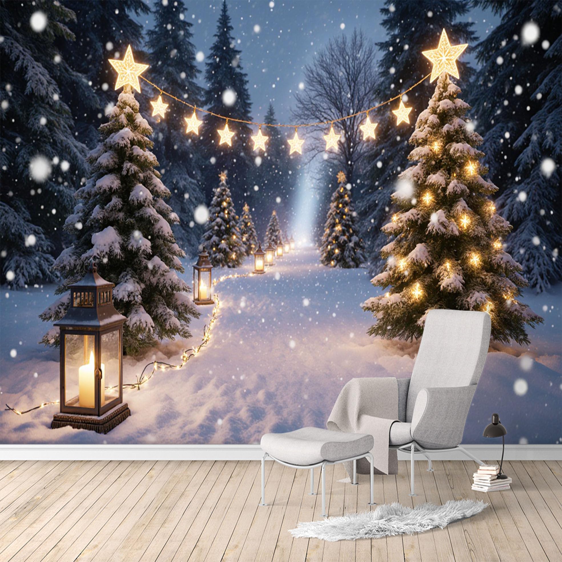 Custom Size Wall Murals, Snowy Forest Christmas Tree Light Scenery, Removable Self Adhesive Large Wallpaper Mural for Living Room Bedroom Office Home Decor