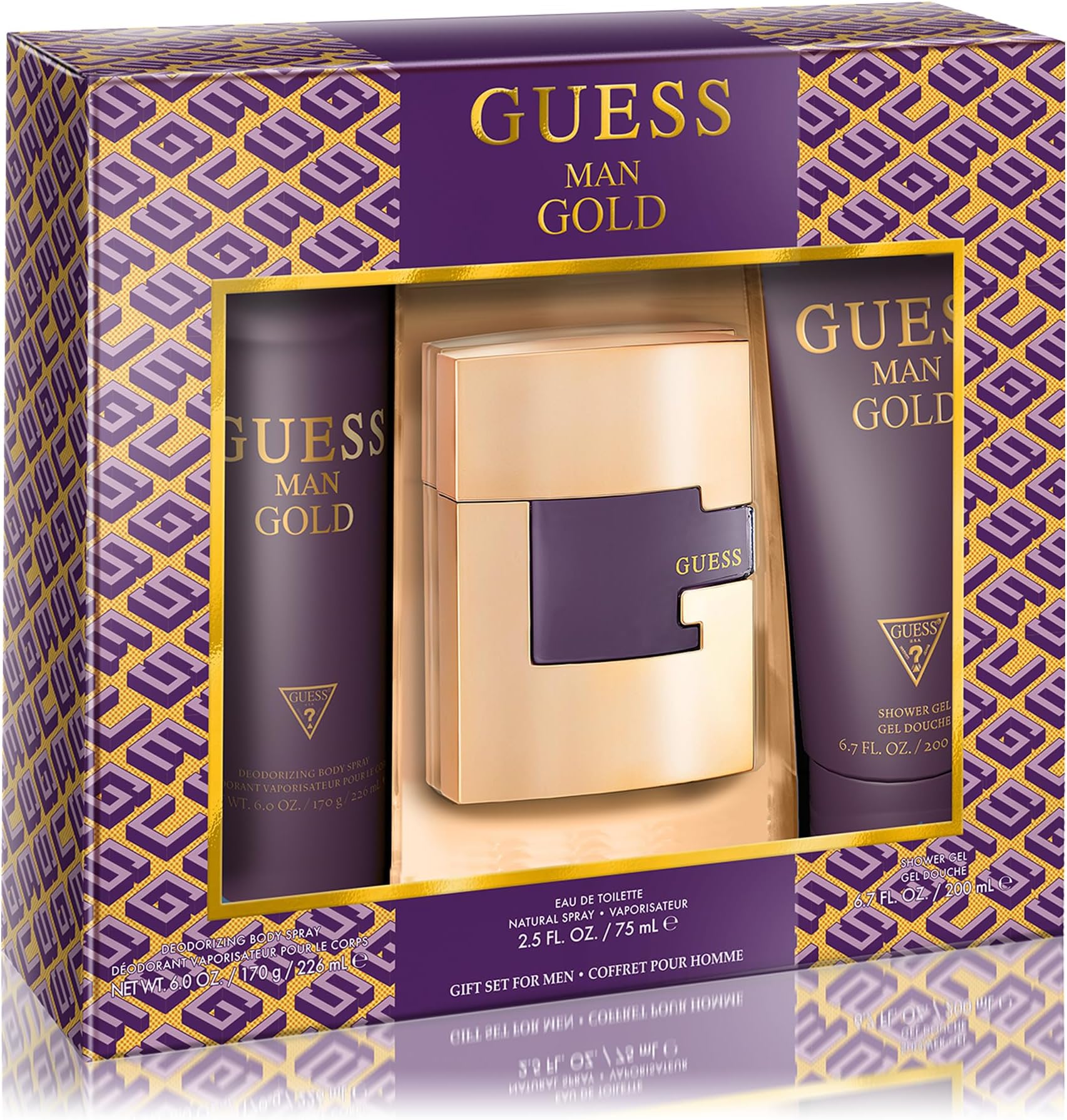 GUESS Man Gold 3 Pieces Gift Set for Men, (2.5 Ounce Eau de Toilette Spray + 6.0 Deodorant Spray + 6.7 Shower Gel)