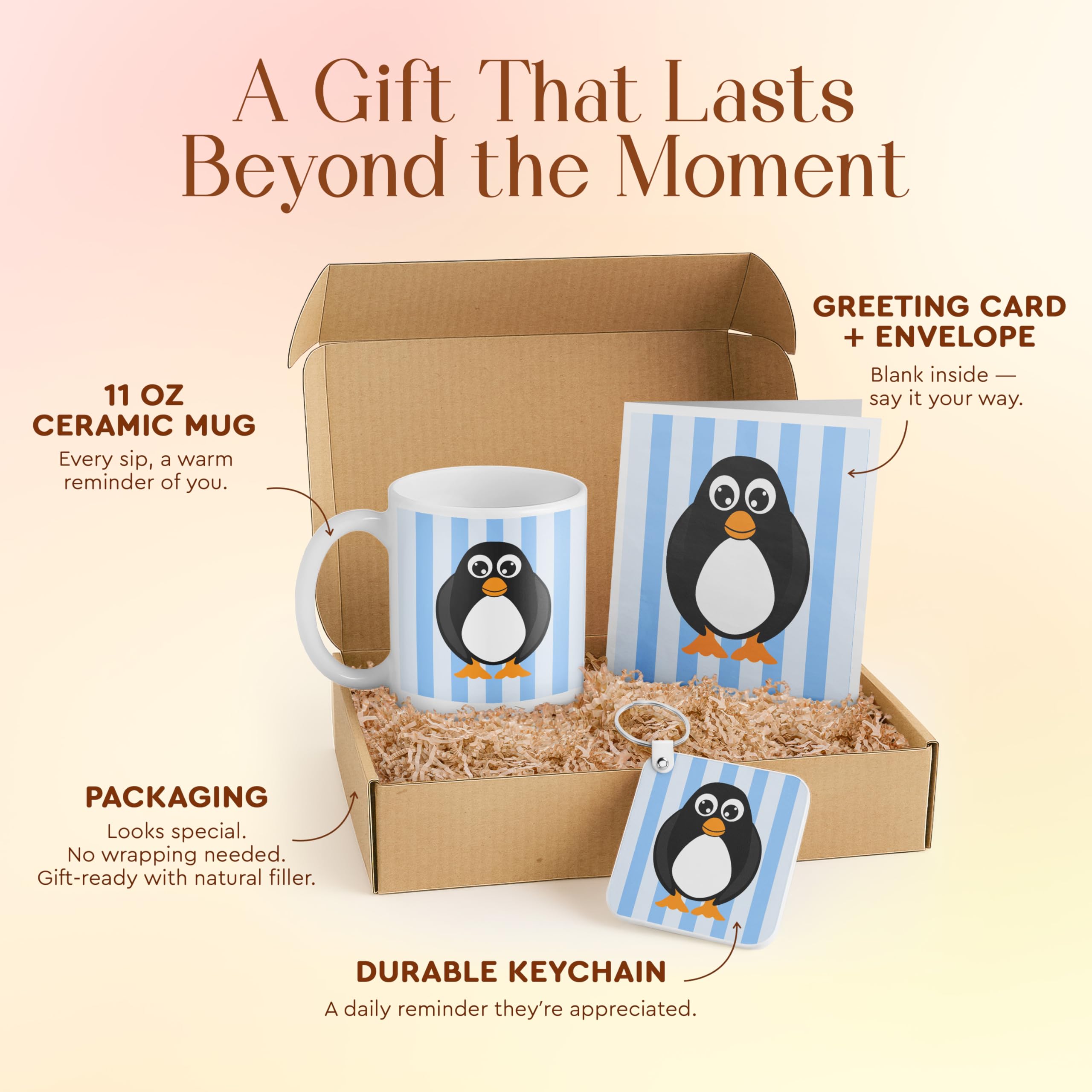 3dRose Cute Penguin Gift Set for Kids - Mug, Card, and Keychain - Perfect Birthday Present and Cute Decor