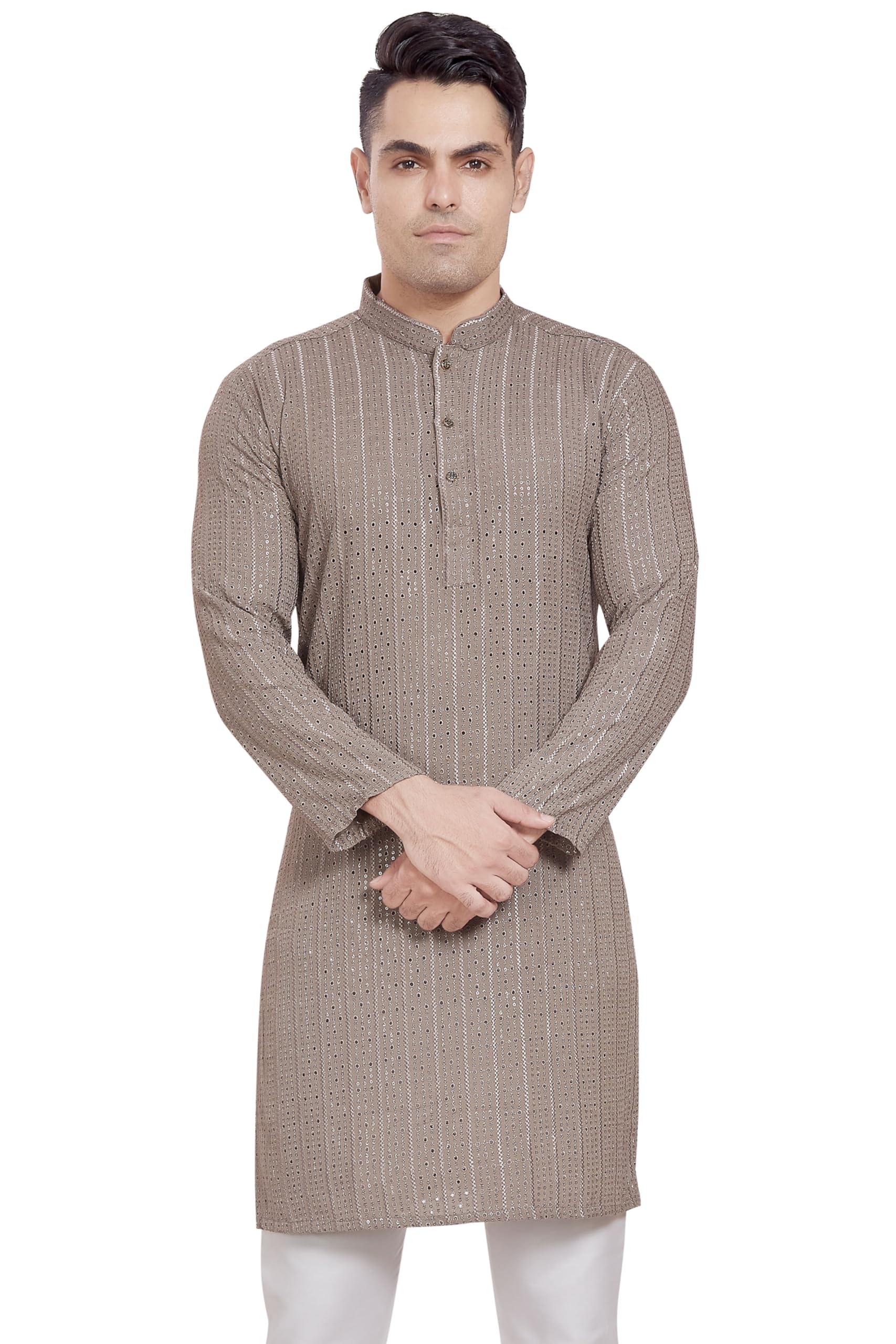 Divisive Men's Embroidered Cotton Blend Only Slim Fit Kurta (Dkrt378_S_Stone Grey)