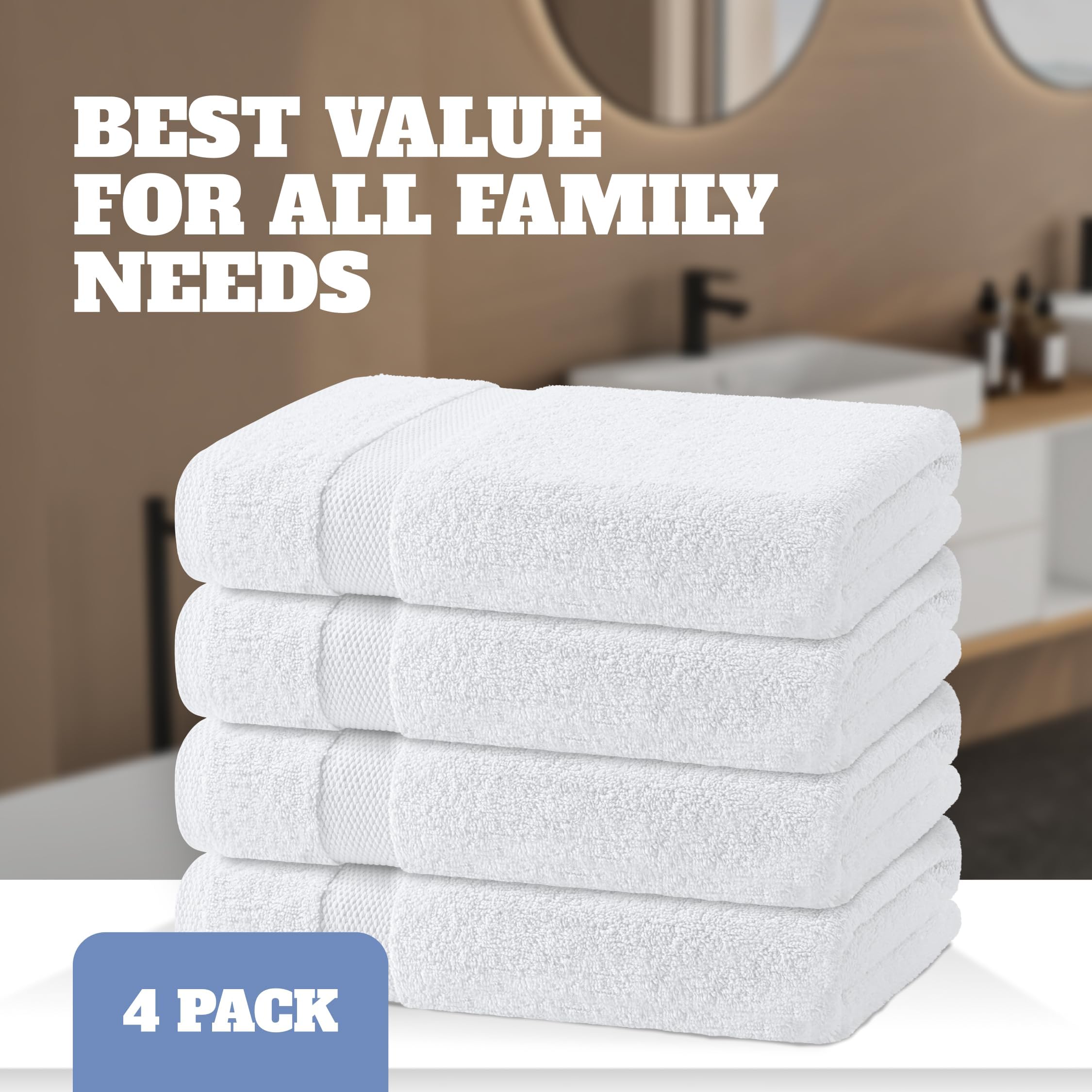 Classic Accessories WhiteClassic bawełniane ręczniki kąpielowe do hotelu-spa basenu-siłowni - łazienki - bardzo miękkie chłonne ręczniki z pierścieniami - 4 opakowania - białe - 68 x 130 cm (biały, 4)