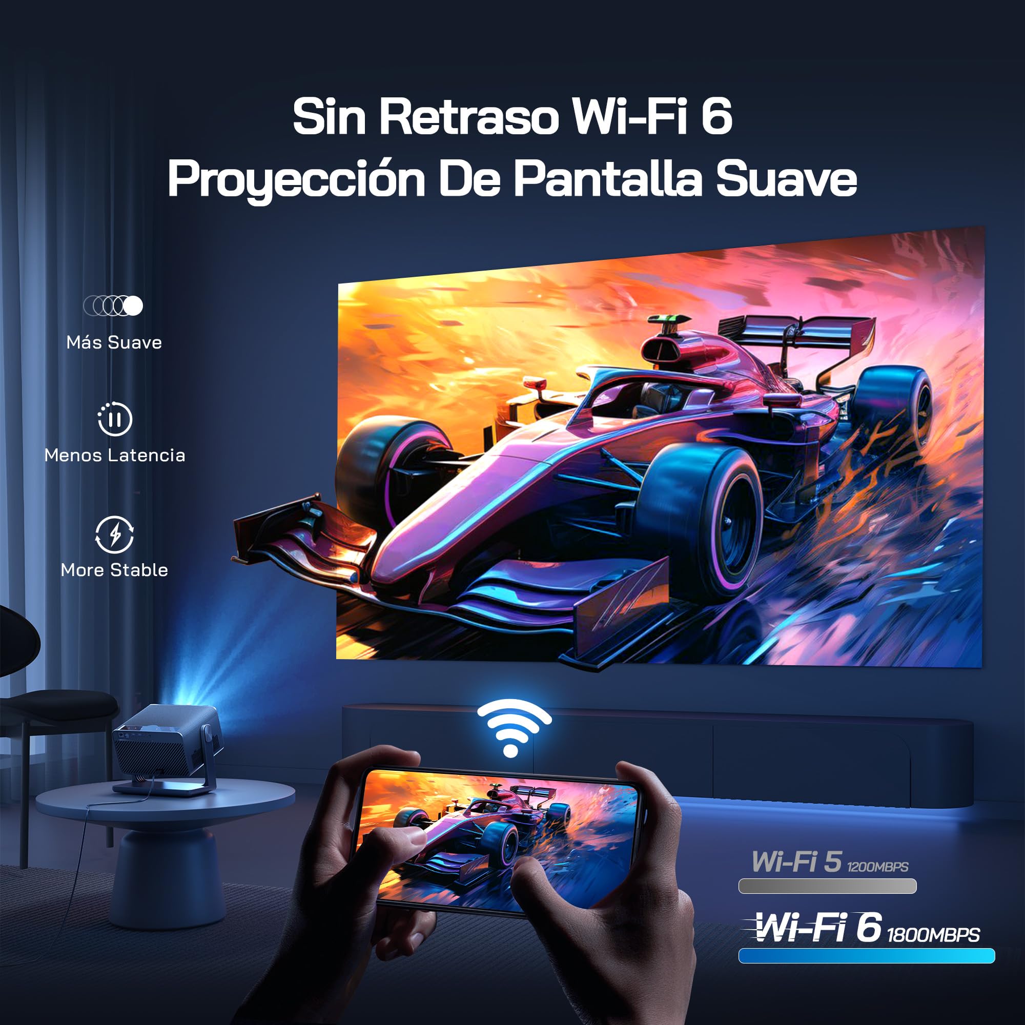 WOLFANG Proyector Portátil 4K, 28000 Lúmenes, Apps Integradas, WiFi/Bluetooth, Enfoque Eléctrico y Corrección Keystone Automática, Rotación 180°, Mini Proyector para Cine en Casa, HDMI