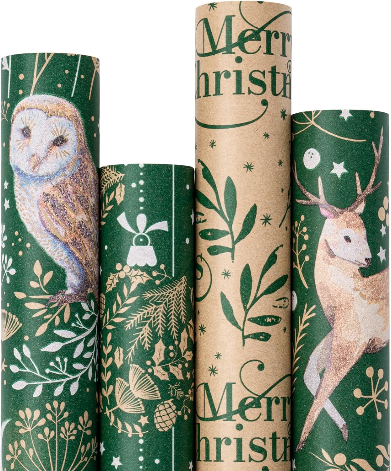 RUSPEPA Christmas Kraft Wrapping Paper - Owl, Reindeer, Christmas Ball and Text Design - 4 Rolls - 30 inches x 10 feet per Roll Xmas Owl