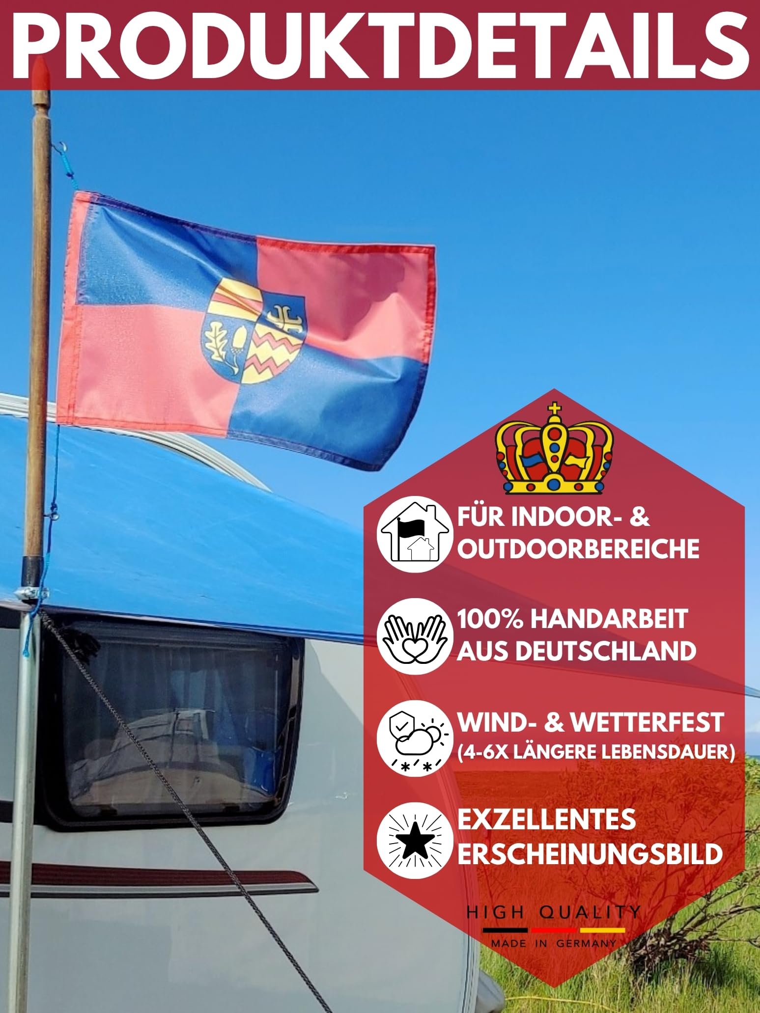 Zertifizierte Flagge Fahne Gießen - GI 150 x 400cm - Hochformatflagge doppelt gesäumt mit Karabinerhaken aus deutscher Flaggen-Manufaktur