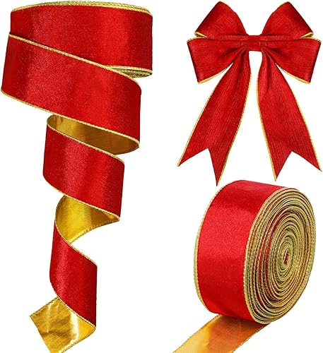 Yinder Cinta de terciopelo de Navidad de 2.5 pulgadas, con bordes dorados con alambre, cinta de envoltura de doble cara para lazo de Navidad,