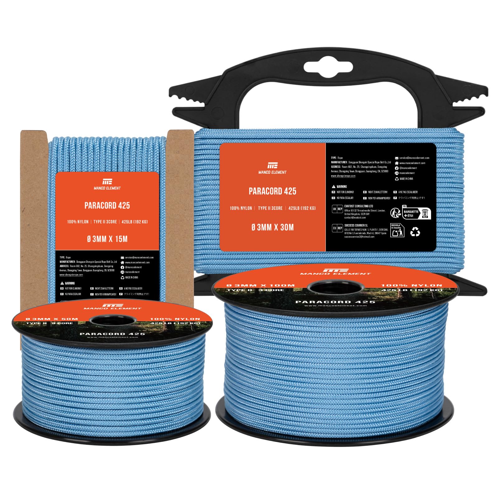 Manco Element 3mm Paracord 425 Type II 50m Sky Blue | 100% Nylon Rope 3 Strands Tactical Cord | Ideal for Outdoor, Camping, Survival, Crafting, DIY