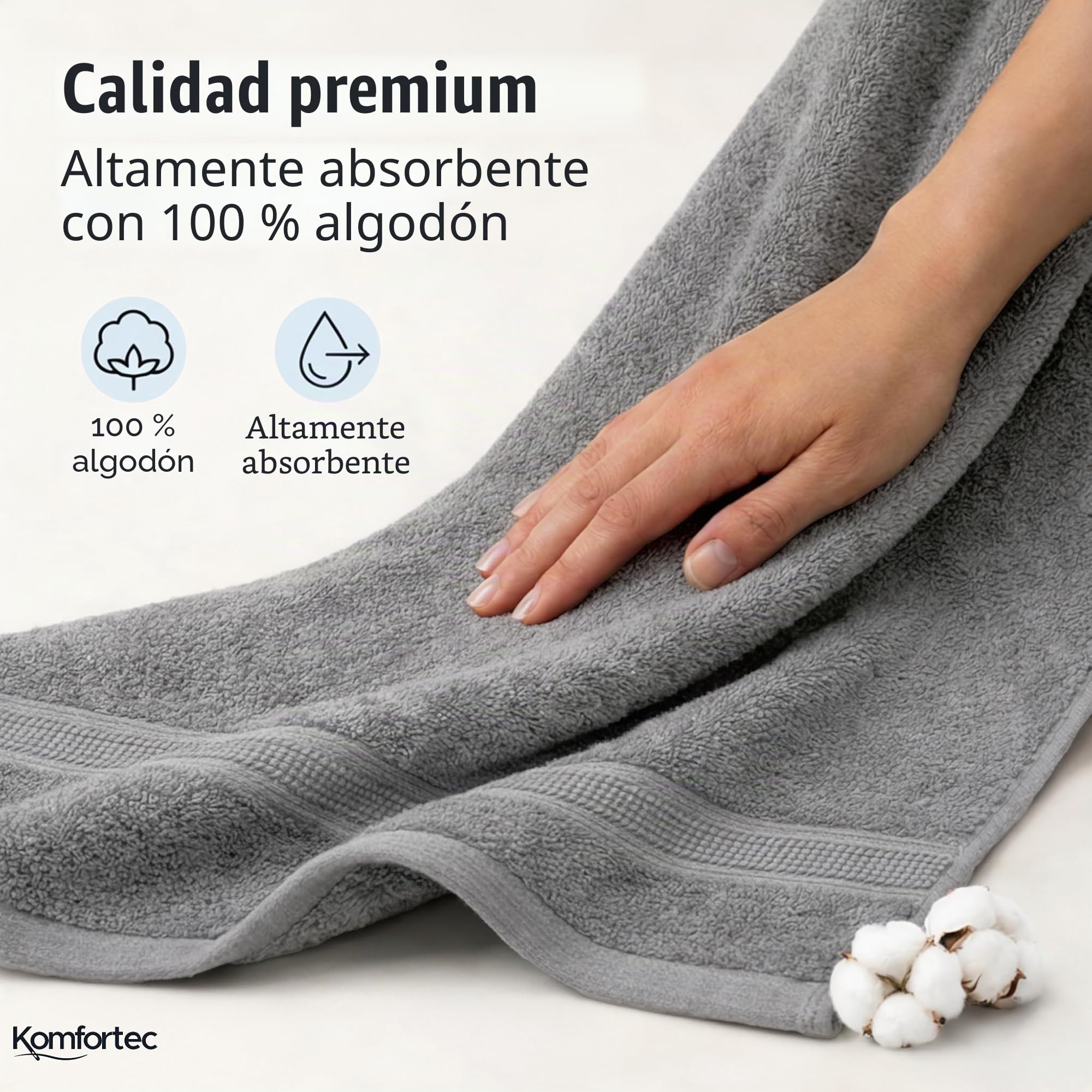 Komfortec Juego de 8 Toallas de Mano de 100% algodón, 4 Toallas de baño de 70 x 140 cm y 4 Toallas de Mano de 50 x 100 cm, de Rizo, Suaves, Grandes, Color Plata/Azul petróleo