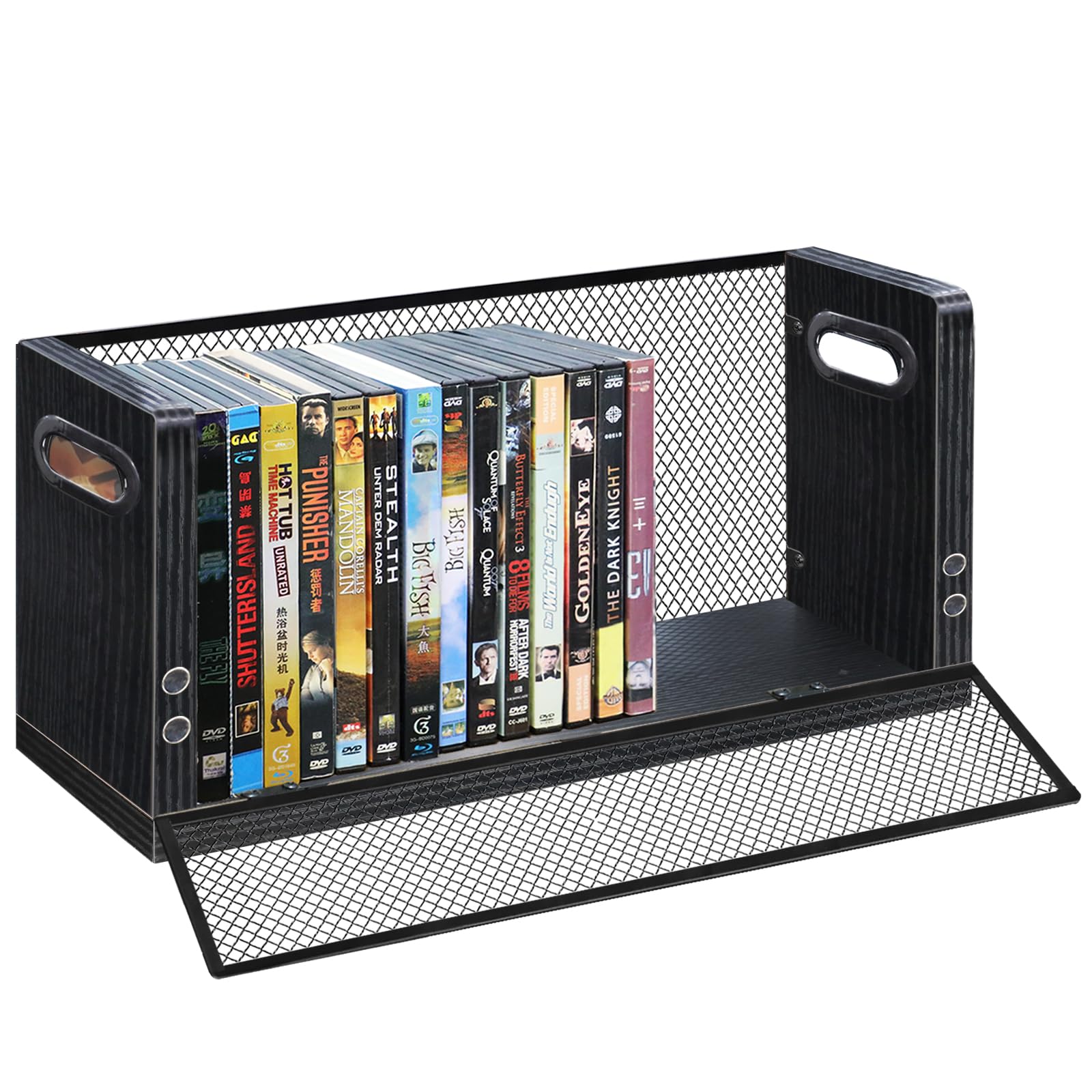 DVD Blu ray Storage Rack, DVD Shelf Holds Up To 28 DVD Cases, Stackable Wood &amp; Metal DVD Tower with Magnetic Opening Door for Easy Access, Desktop Organizer for CDs, Video Game, VHS Tapes
