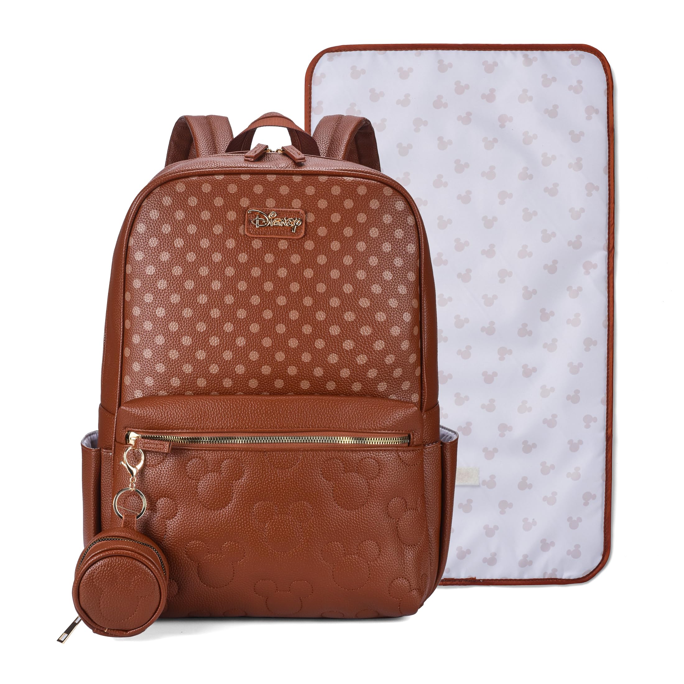 Disney Zaino multifunzionale per pannolini in pelle PU con fasciatoio, custodia per ciuccio e tasche isolate per biberon, Topolino - Marrone, Large, moderno