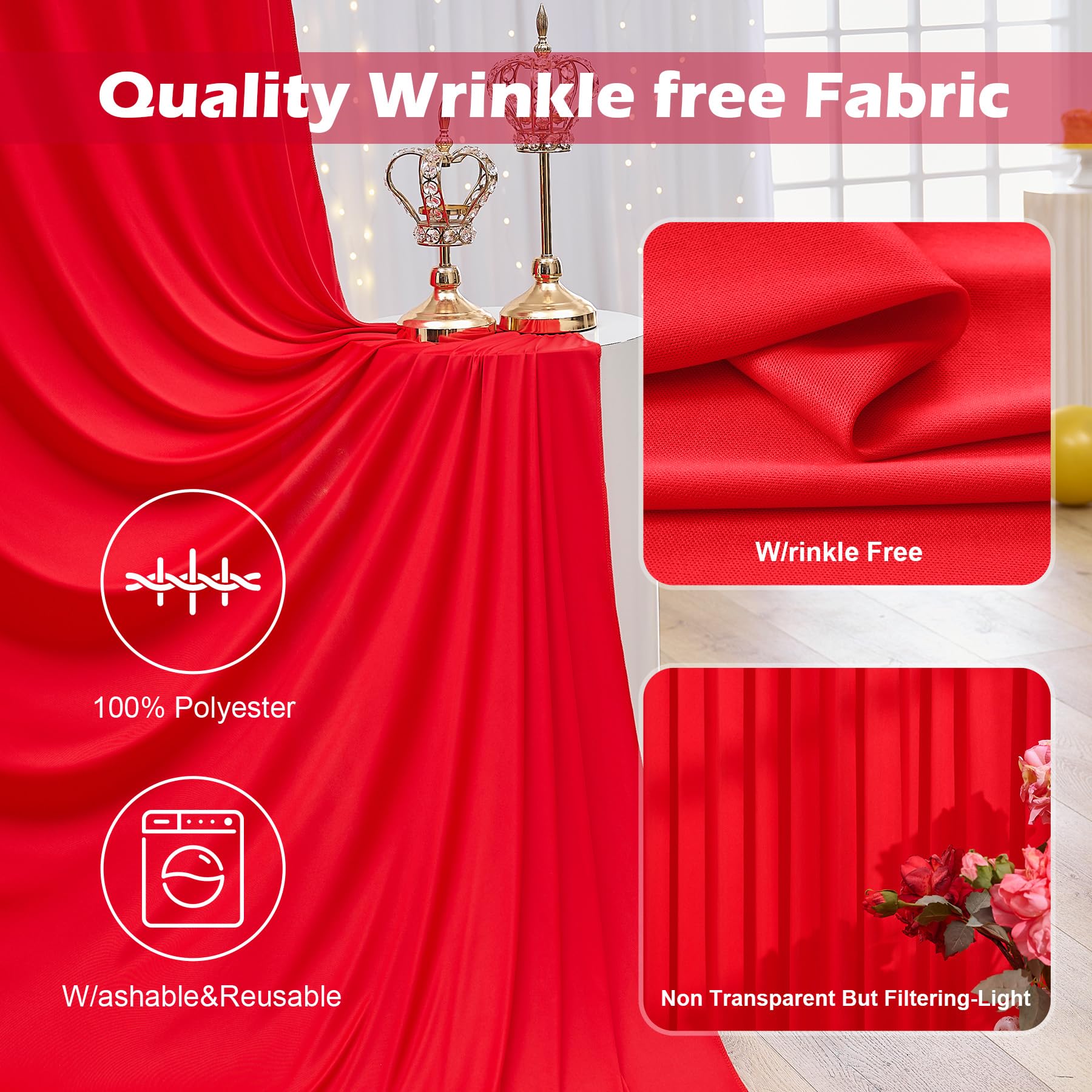 Faltenfreier Hintergrund für Partys, 9 x 3 m, 6 Paneele, 15,2 x 3 m, seidiges Polyester, Rot, Foto-Hintergrund, für Geburtstag, Mottoparty, Hochzeit, Fotografie-Hintergrund