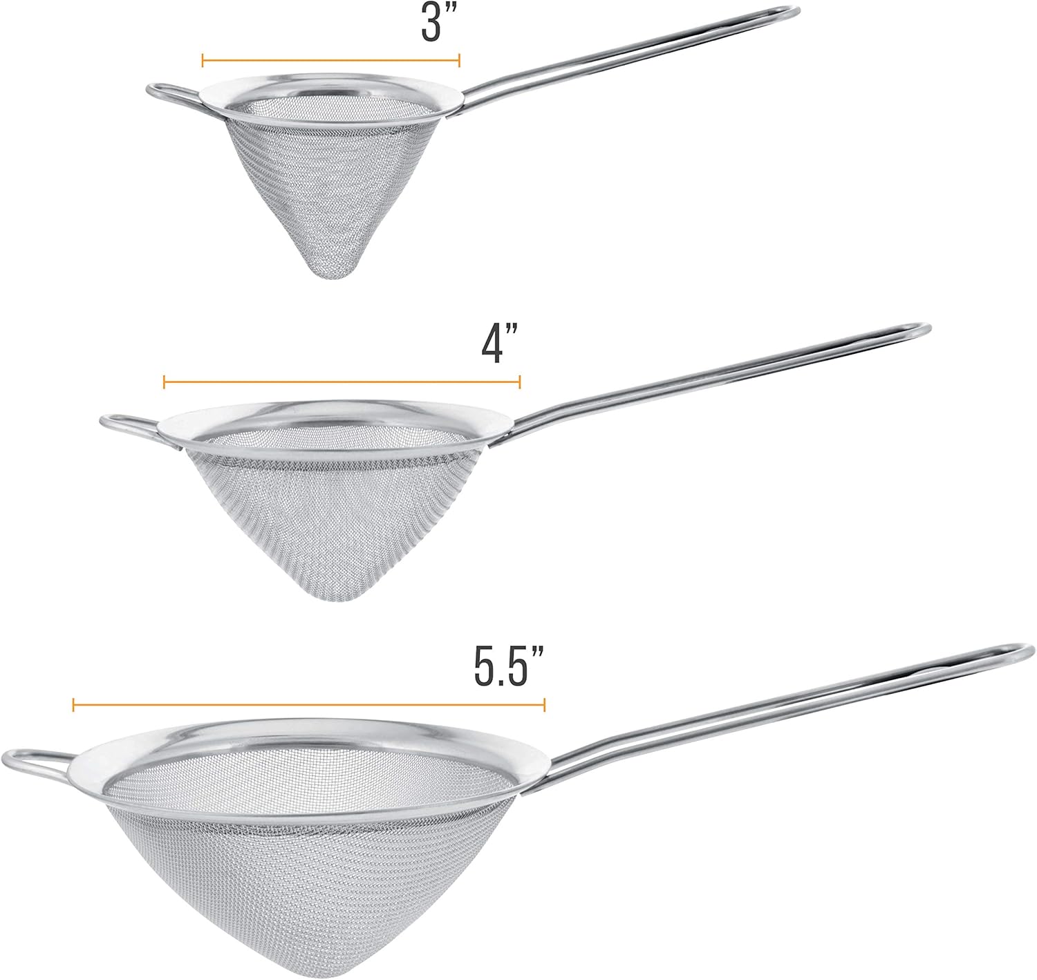 U.S. Kitchen Supply - Set of 3 Premium Quality Extra Fine Twill Mesh Stainless Steel Conical Strainers - 3", 4" and 5.5" Sizes - Chinois to Sift, Strain, Drain and Rinse Vegetables, Pastas & Teas: Home & Kitchen