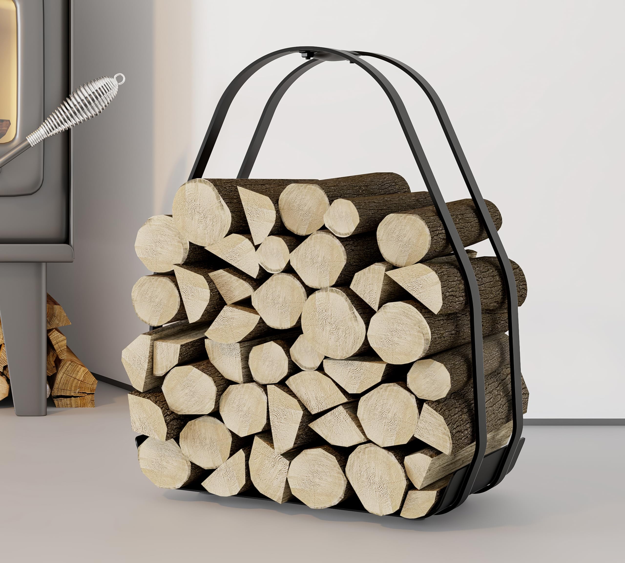 Kingson Kosz na drewno kominkowe – czarny metalowy pojemnik na drewno opałowe z powłoką proszkową z uchwytem – 36×35×48cm – żelazna rama i podstawa – płaskie opakowanie, wymagany montaż