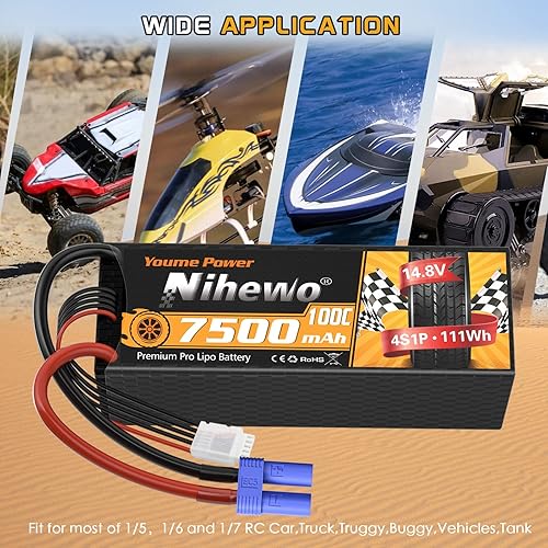 Miniatura 2 de Nihewo Paquete de 2 baterías Lipo 4S, 14.8V 7500mAh Lipo Baterías Hardcase 100C EC5 Plug Compatible con Arrma E-flite 15 16 17 18 Escala RC Auto