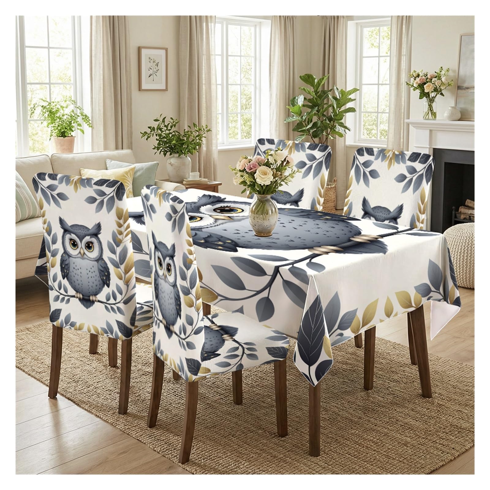 KXUAUV Stretch Dining Chair Slipcovers And Tablecloth Set, Owl Leaf Print, 5/7 Pack For Dining Room Kitchen Modern Home Decor Party Decor(5pcs Set: Tablecloth+Chair Covers)