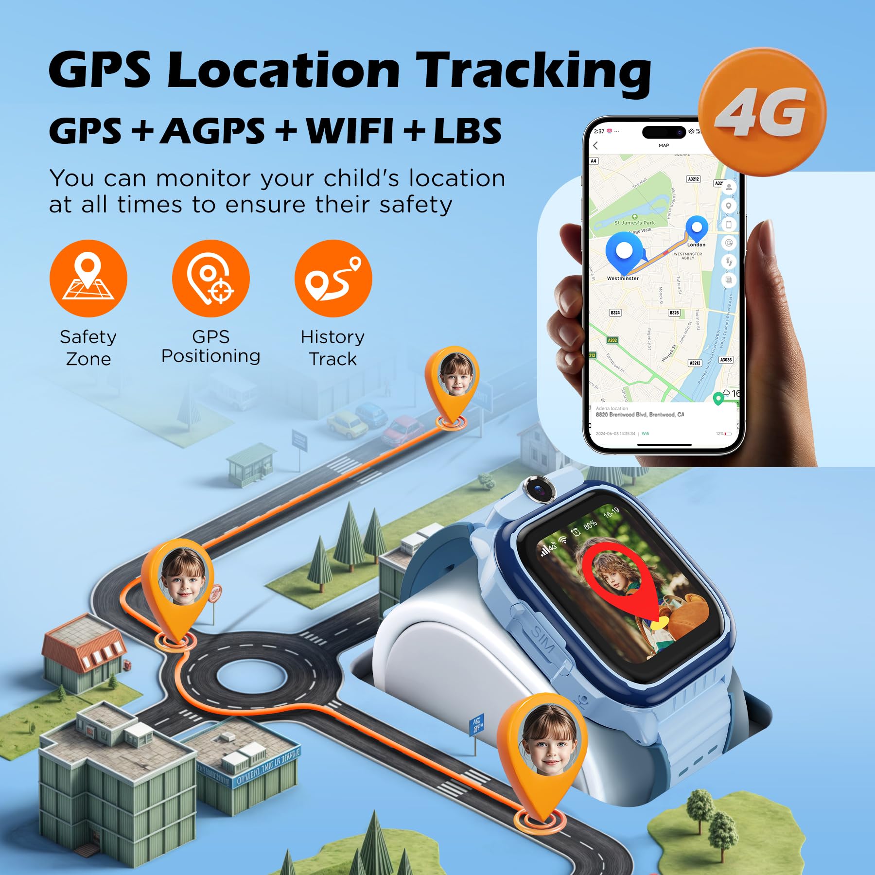 AstraMinds Orologio Smartwatch Bambini, 4G smartwatch bambini con GPS e telefono – IP67 impermeabile orologio per bambini per telefonare con WiFi, Videochiamata, SOS, Sveglia (K61Blu)