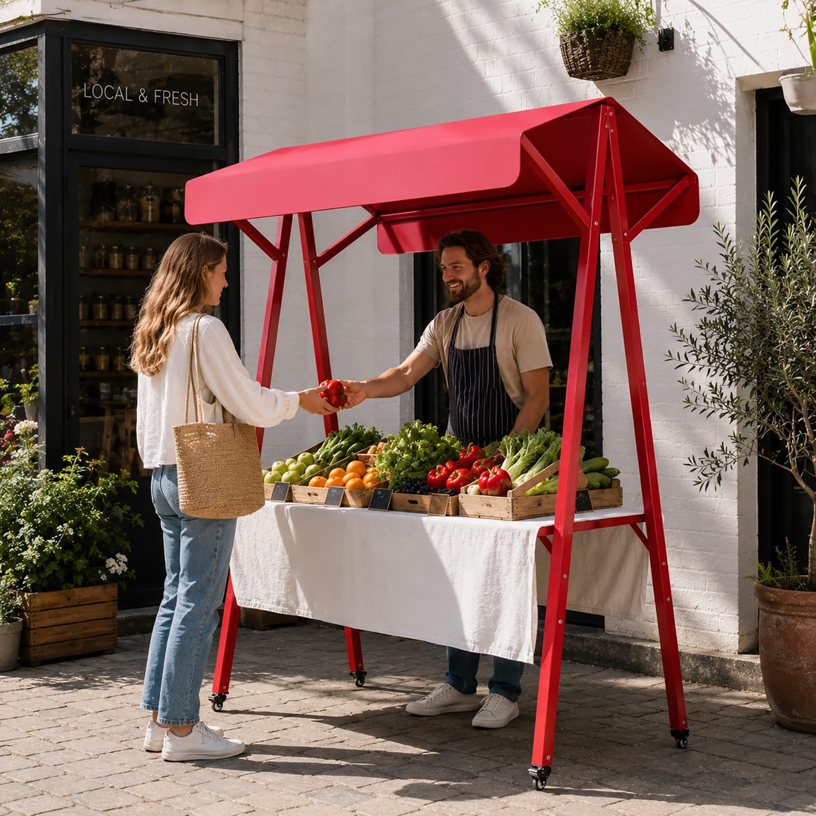 XRRJFYH Portable Farmers Market Stand with Canopy, Outdoor Vendor Booth & Display Tables – Foldable Street Vendor Food Stand, Market Stall with Wheels(Red,160x60cm/63x24in)