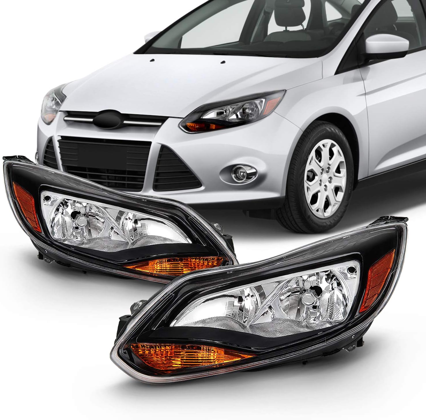 AKKON - Fits 2012-2014 Ford Focus 4Door Sedan Hatchback [Halogen Type] Black Trim Headlights Pair Driver Left+Passenger Right