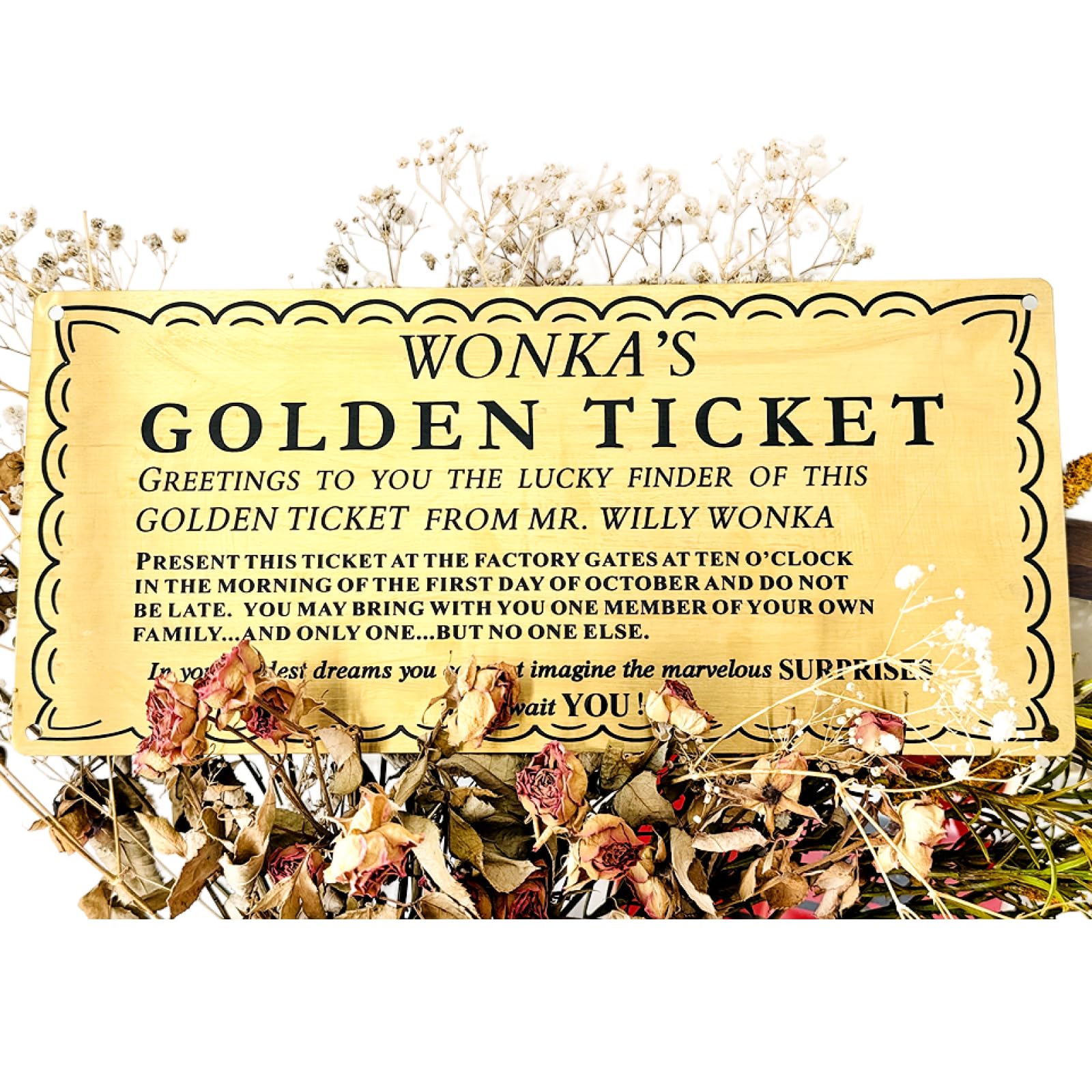 Amazon.com: Lusinus Wonka Golden Ticket Metal Sign - 6x13” Brushed Brass Stainless Steel Wall Decor with Etched Text, Wonka-Inspired Plaque for Office, Game Room, Kids Room, Movie Fans, Gift Ready : Home for Free Printable Wonka Golden Ticket