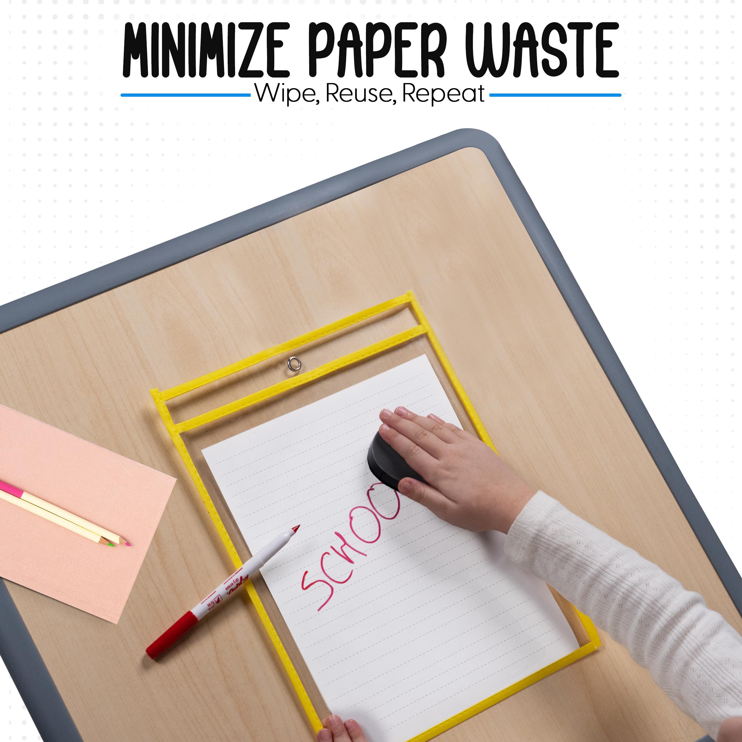 Essex Wares - Paquete de 6 bolsillos de borrado en seco, amarillo, para lecciones de profesores en un aula o para uso en tu hogar u oficina, se adapta a papel estándar, 10 x 13.5 pulgadas