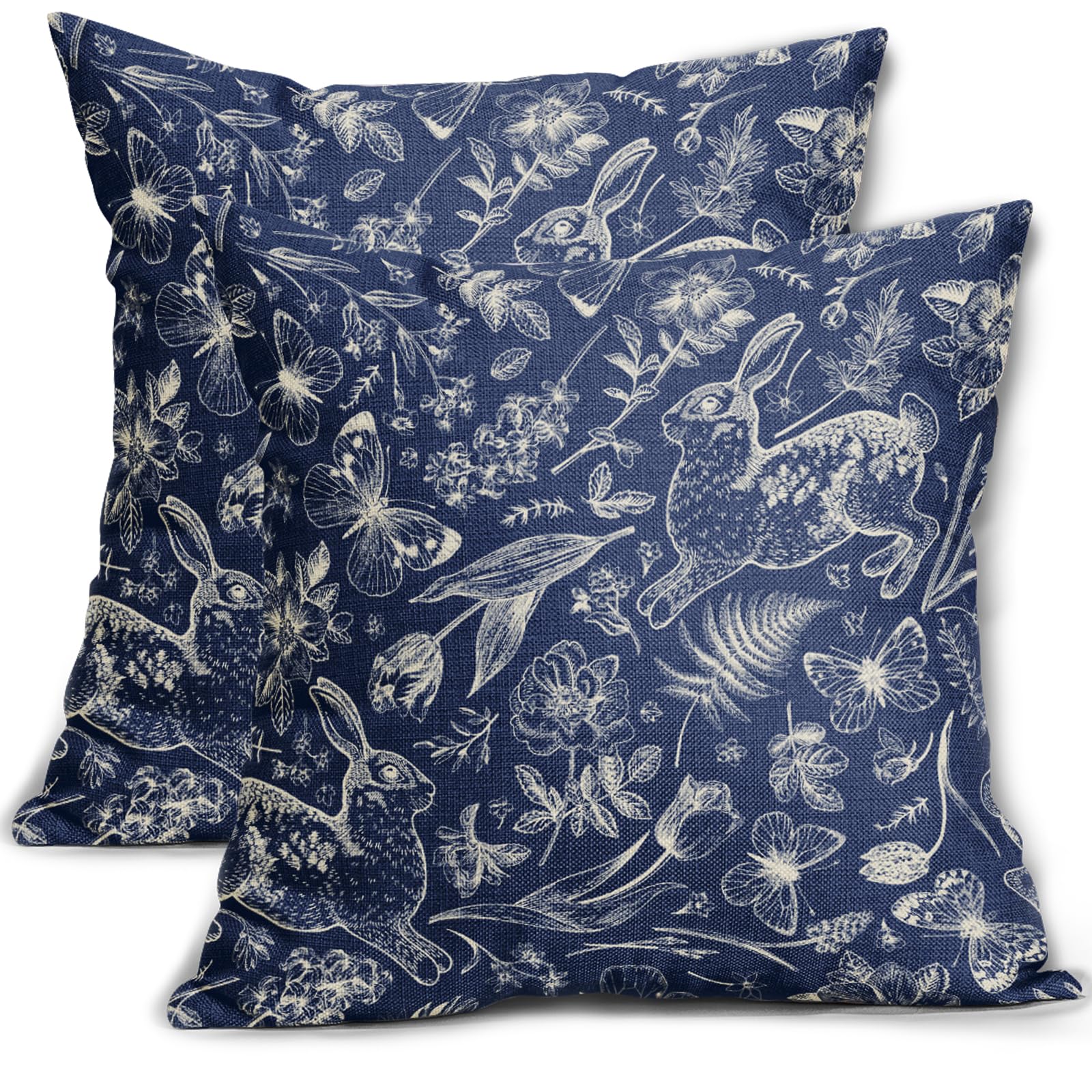 Cozywisper Navy Blue Spring Easter Pillow Covers 18x18 Inch Set of 2 Rabbit Bunny Floral Leaf Butterfly Botanical Plants Print Decorative Throw
