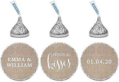 Andaz Press Etiquetas adhesivas personalizadas de gota de chocolate para boda, abrazos y besos, impresión de arpillera, paquete de 216, para