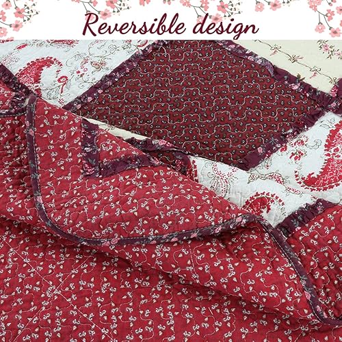Miniatura 6 de Cozy Line Home Fashions Juego de ropa de cama reversible de algodón reversible de 3 piezas con estampado floral de rosa roja y volantes festoneados