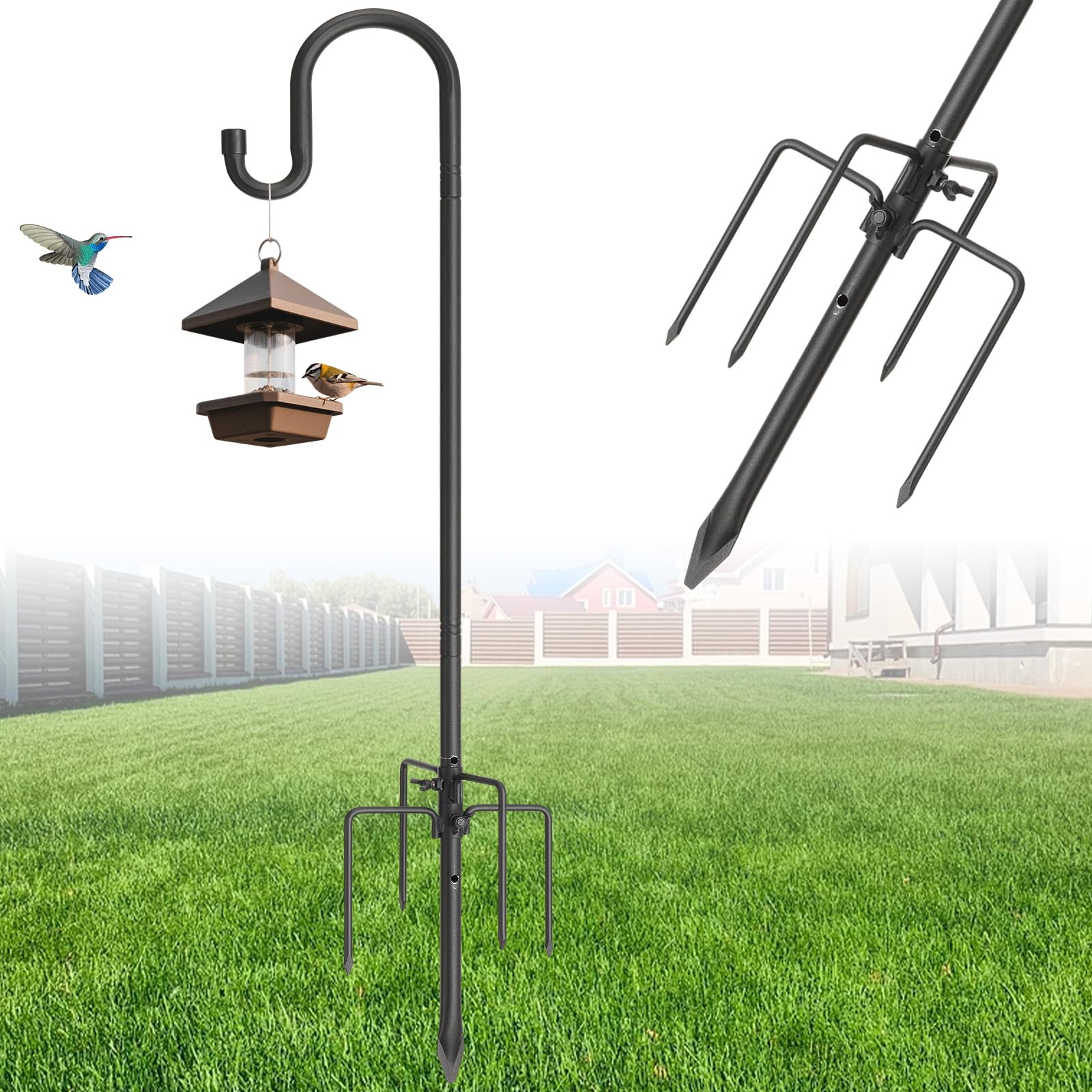 Harrms Schäferhaken Garten, Hirtenhaken Schwarz 234cm Einstellbar, Vogelfutterspender Stange Laternenhalter mit 5 Zinken, Hängende Station Metall für Hochzeitsdeko, Lichterketten & Vogelhaus