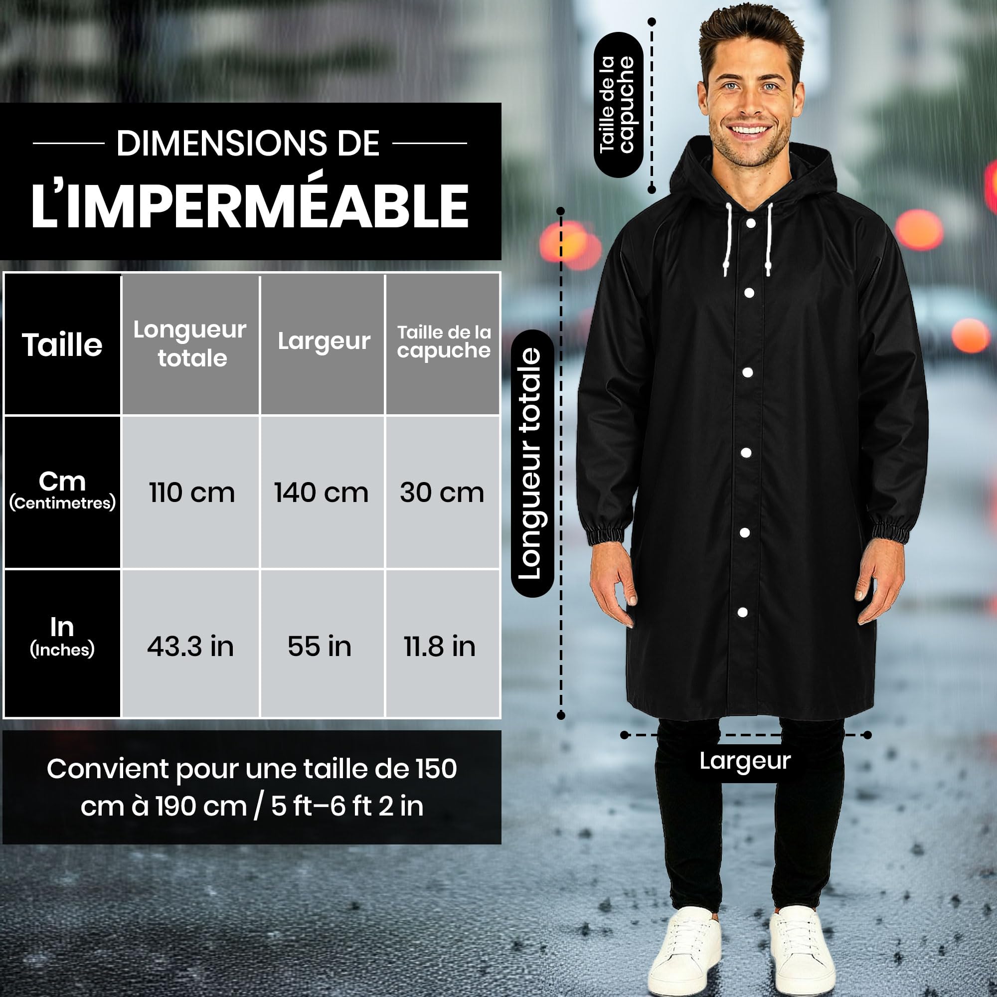REDSTAR Poncho Pluie Imperméable Femme et Homme avec Capuche - 2 pièces, Veste longue waterproof à boutons pour adulte, Poncho de pluie long pour adulte, Pliable, Pour festival, randonnée, vélo