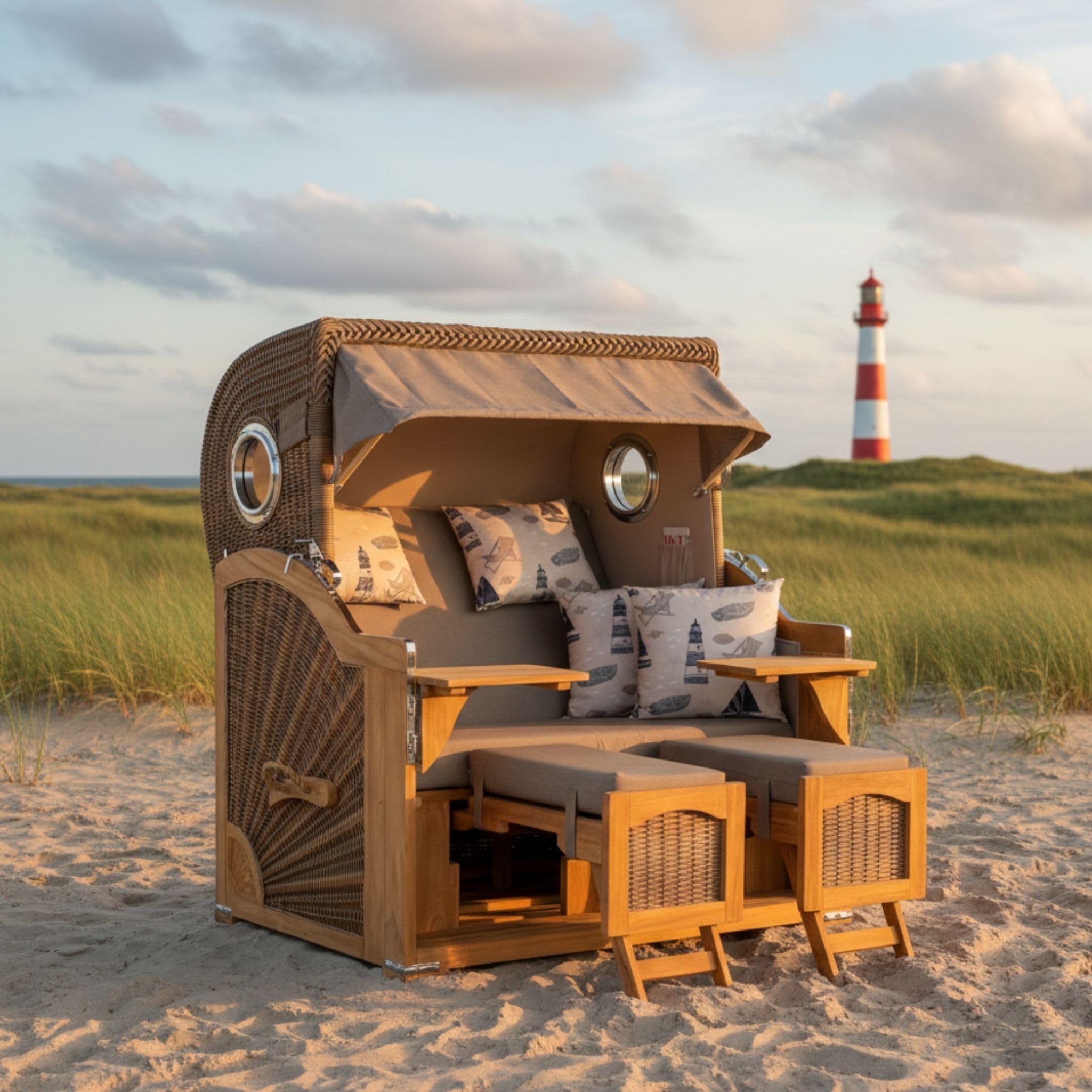 MR. DEKO® Strandkorb Düne Grande XL 2,5-Sitzer Teak | PE Geflecht Banana - Dessin 540 | Volllieger Strandstuhl mit Bullauge inkl. 2 Fußablagen | je 2 Kissen und Nackenkissen | Strandkörbe aus Teakholz