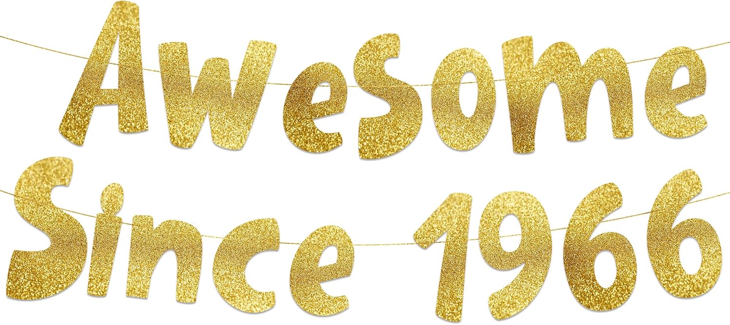 Pre-Strung Awesome Since 1966 Gold Glitter Banner - Funny 60th Birthday and Anniversary Decorations for Men and Women - Party Supplies and Gifts
