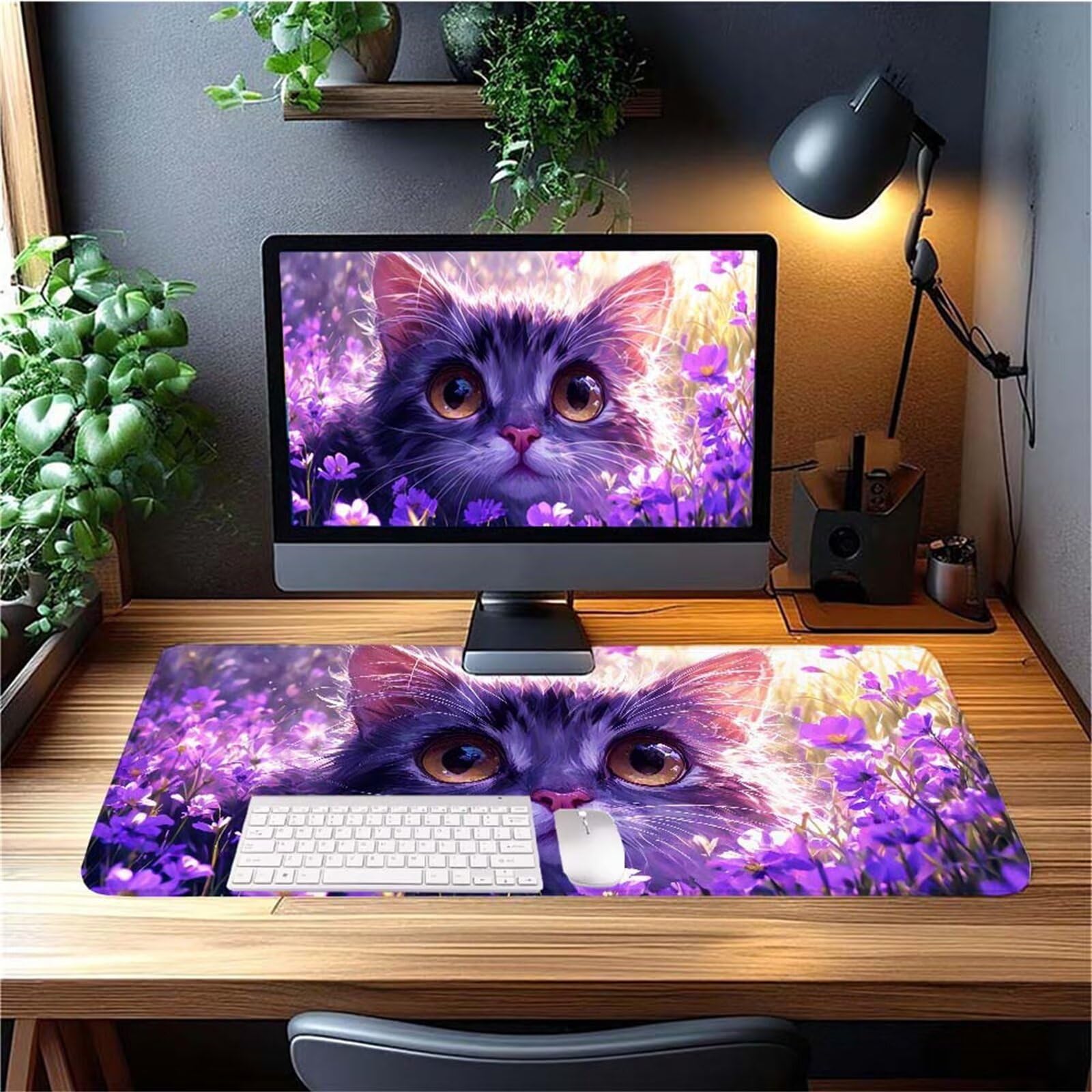 Alfombrilla Ratón Gato Flor Alfombrilla Ratón XXL 1400x600x3mm Mouse Pad Resiste Salpicaduras, Extendida de Gran Tamaño con Bordes Cosidos, Mejora Precisión y Velocidad, Antideslizante, Duradera y-347