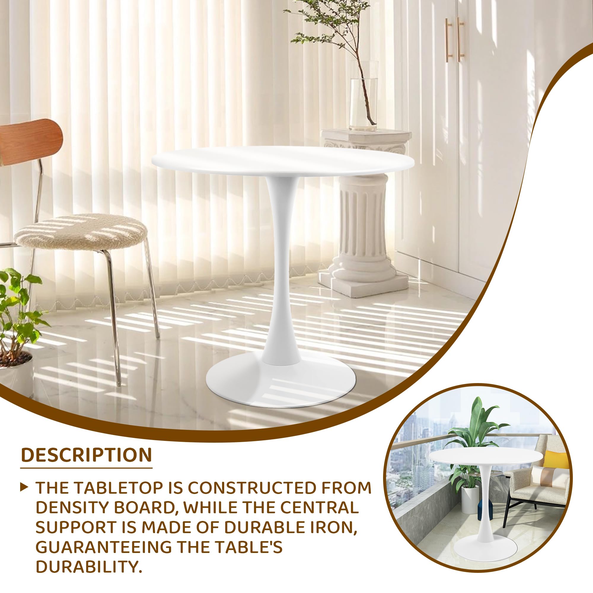 Mesa de comedor redonda blanca moderna con base de pedestal en diseño de tulipán, mesa de ocio de mediados de siglo para 2 a 4 personas 3