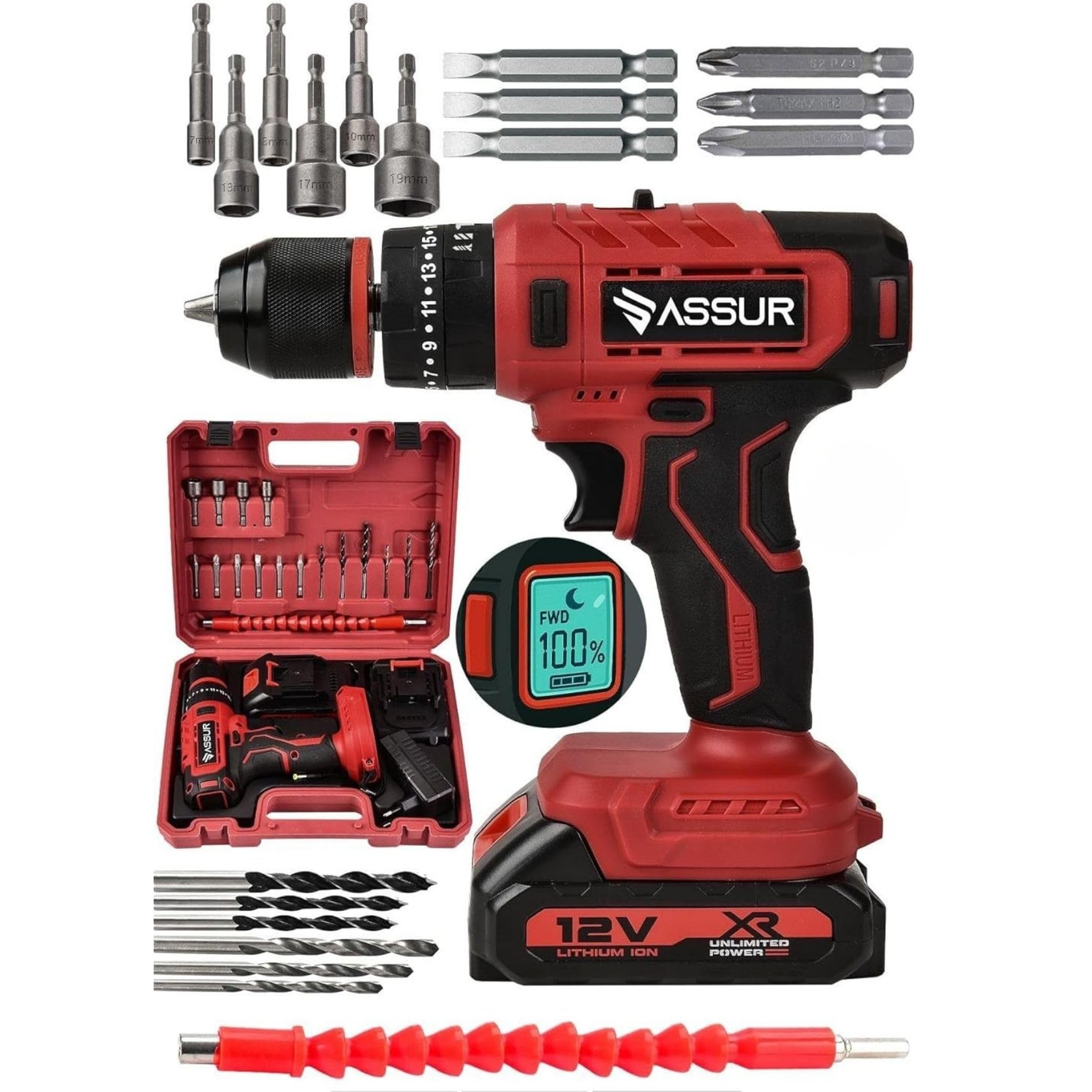 ASSUR 12V Çift Akülü Darbeli Matkap, Dijital Göstergeli, 2 Vitesli, LED Aydınlatmalı, Metal Şanzımanlı, 10mm Mandren, 17 Parça Aksesuar Seti, ASR233