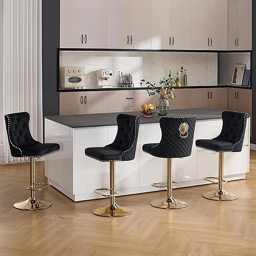 Miniatura 80 de Juego de 4 taburetes de bar giratorios ajustables de terciopelo con respaldo copetudo, ribete de cabezas de clavos y anillo de tracción, sillas de