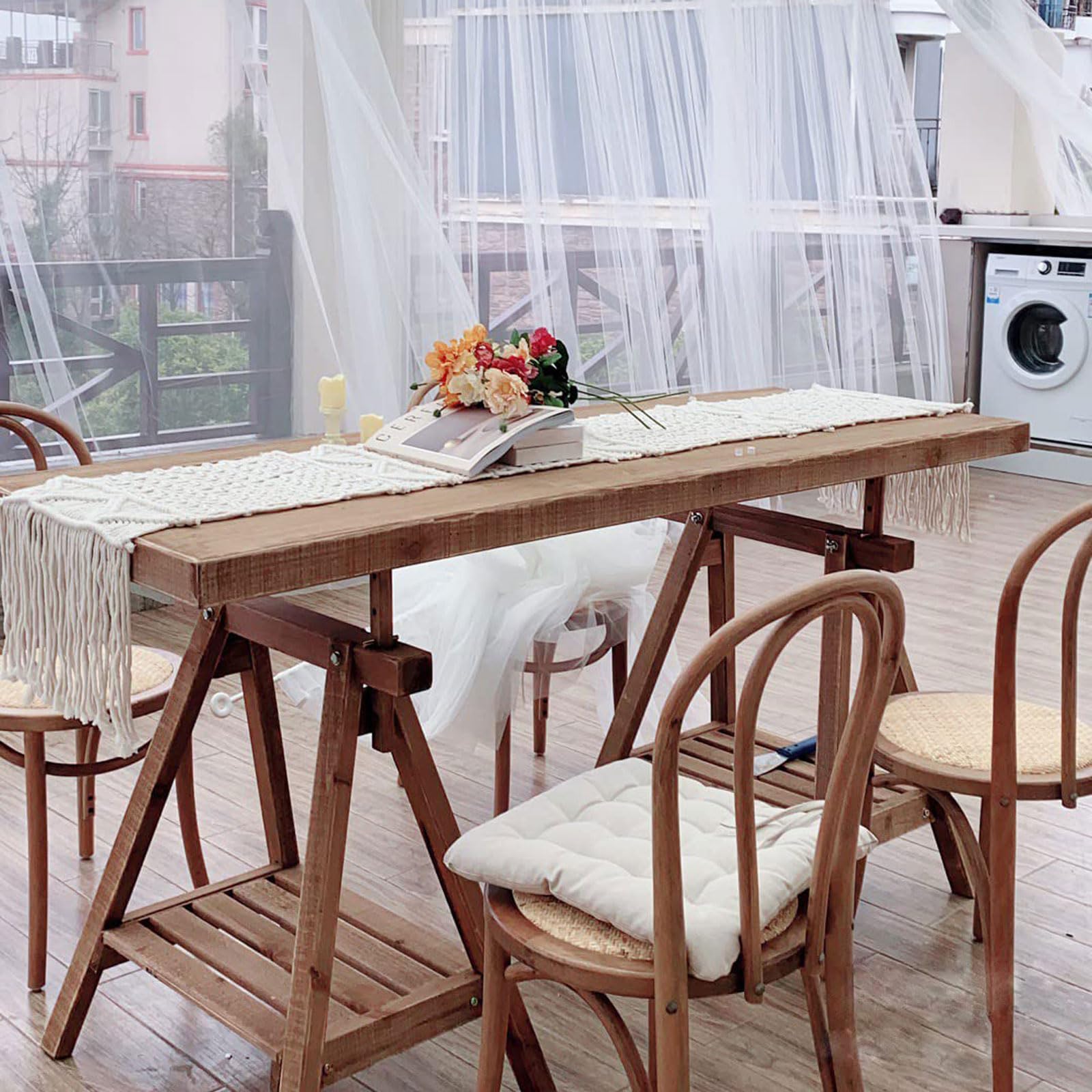 Nowoczesny biały bieżnik z bawełny i lnu, bieżnik stołowy Boho, ażurowa tkanina, długie frędzle, przyjazny dla środowiska, łatwy w utrzymaniu, do restauracji na przyjęcie weselne urodziny wakacje