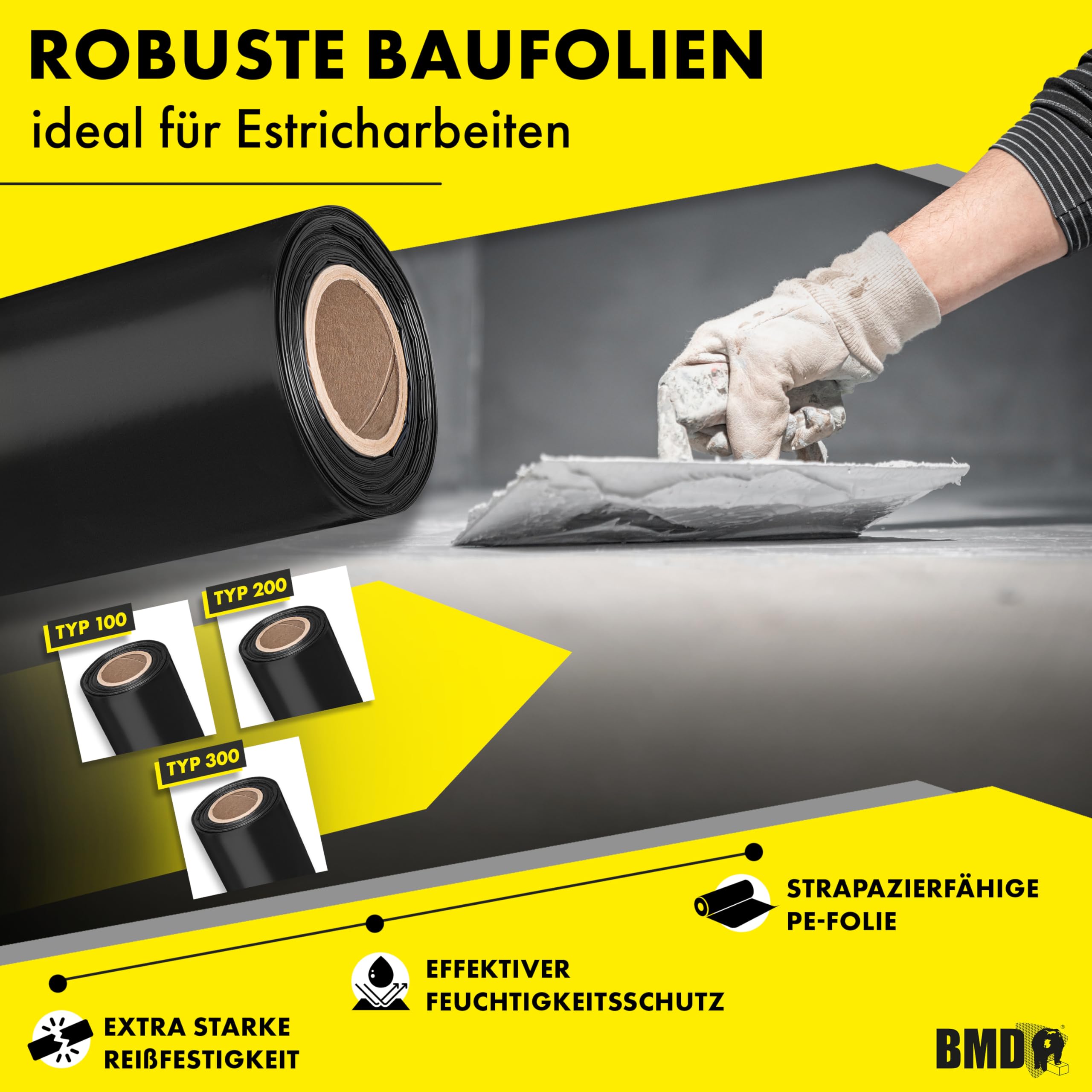 BMD Baufolie TYP 300 | 4m x 25m | 3 Größen | extra starke Estrichfolie | wasserfeste, schwarze Abdeckfolie | 100m² | reißfeste Schutzfolie und Abdeckplane