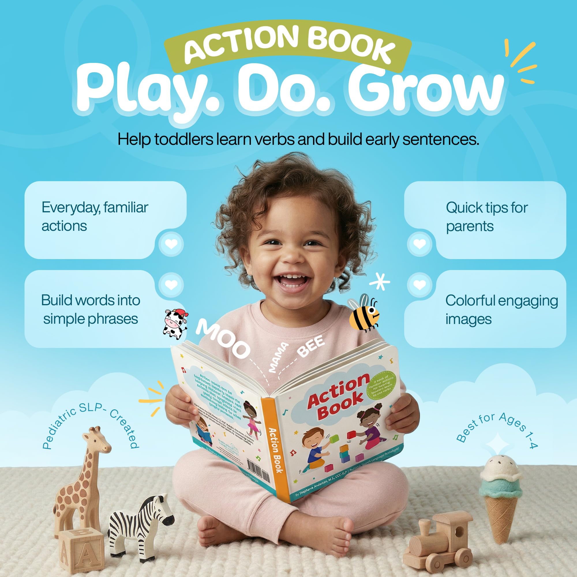 Action Book: Children's Board Book for Learning Verbs For Toddlers Ages 1-4, Written by a Speech Therapist